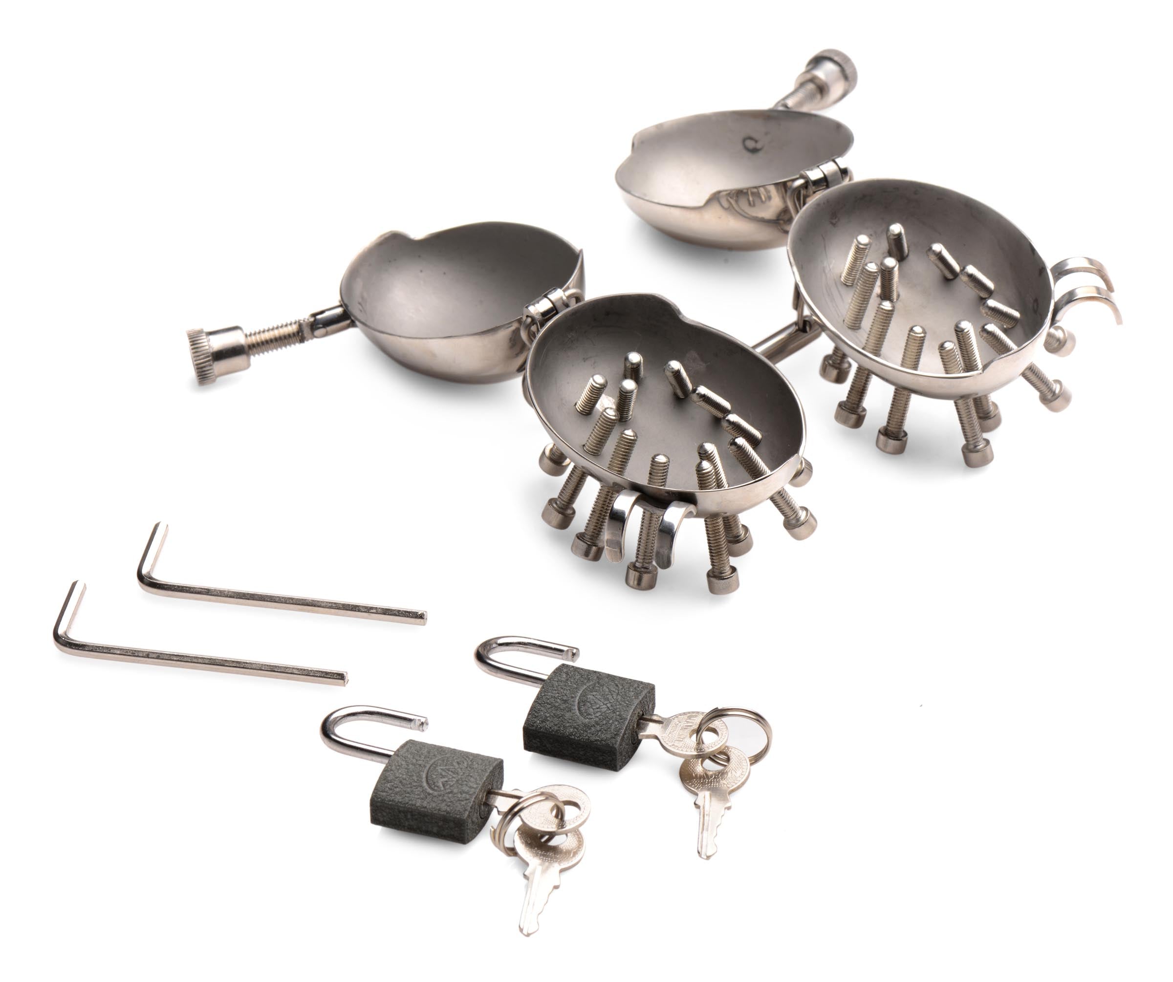 Scrotum Egg Shells with Spikes made of stainless steel, designed for CBT enthusiasts, showcasing their sleek and durable construction.