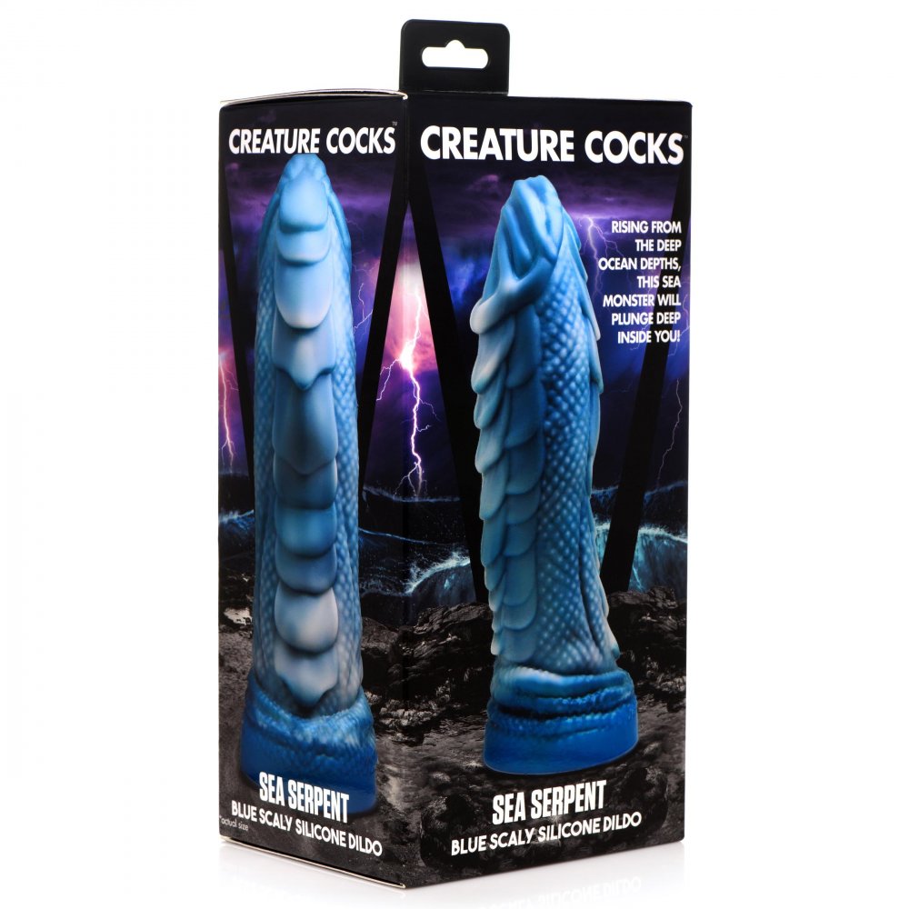 A blue and white silicone dildo shaped like a sea serpent, featuring textured scales and a suction cup base for hands-free use.