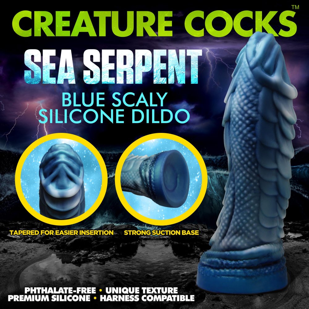 A blue and white silicone dildo shaped like a sea serpent, featuring textured scales and a suction cup base for hands-free use.