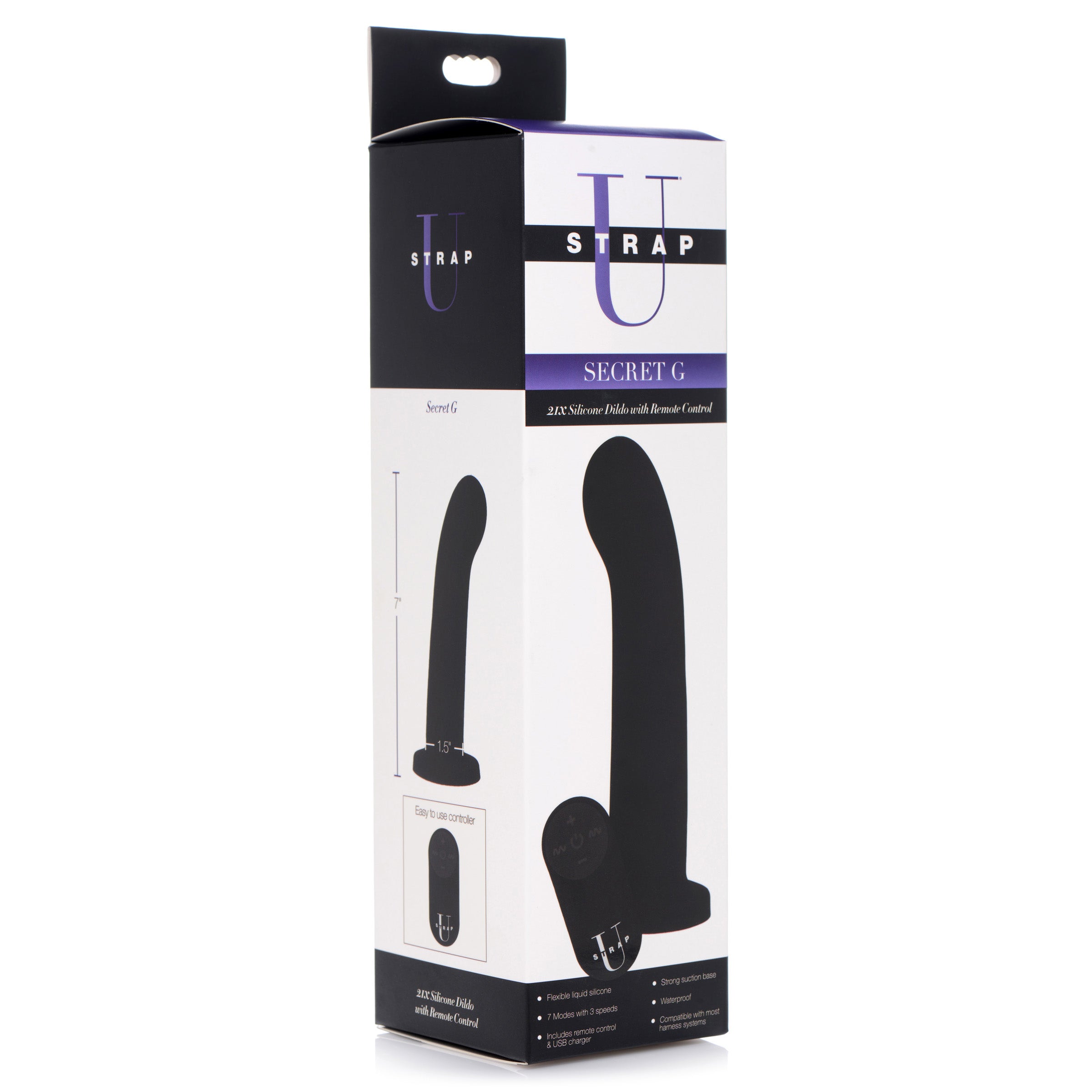 Secret G 21X Silicone Dildo with Remote Control, featuring a curved tip and flared base for G-spot and P-spot stimulation.