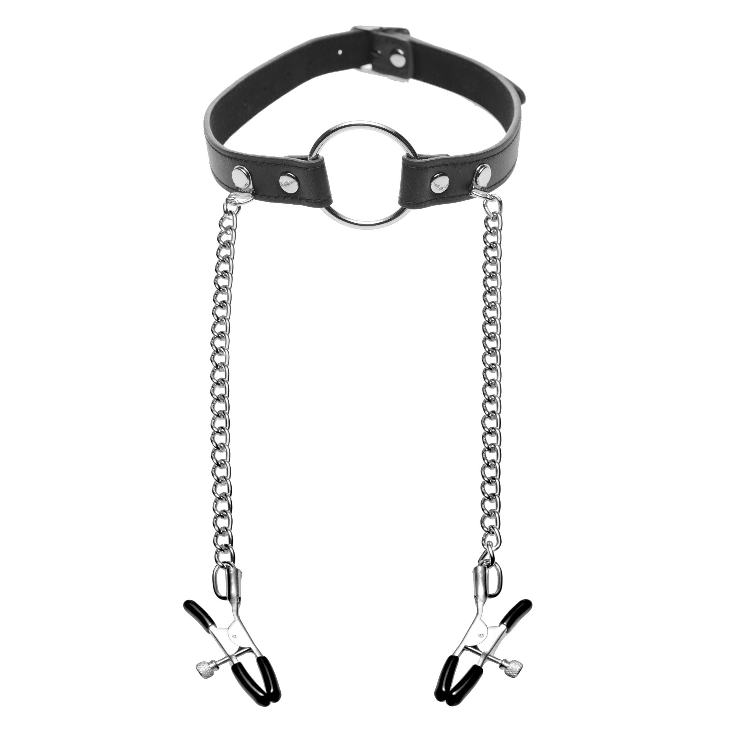 Seize O-Ring Gag with Nipple Clamps featuring adjustable leather strap and bullnose style clamps for BDSM play.