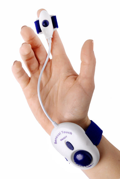 Sensa Touch Finger Vibe in white, compact design with adjustable elastic band for comfortable fit on finger.