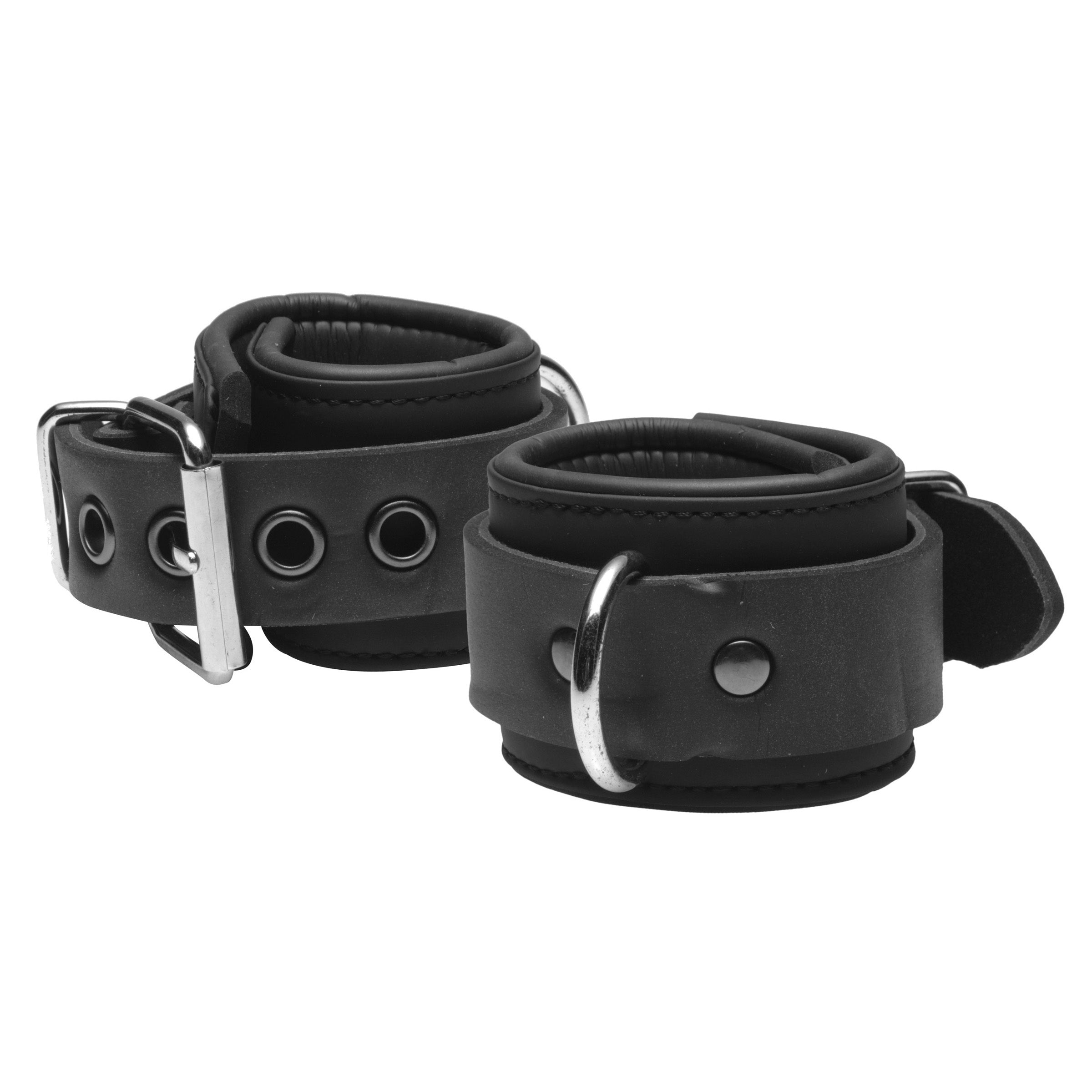 Serve Neoprene Buckle Cuffs in black, padded for comfort with adjustable straps and D-rings for bondage play.