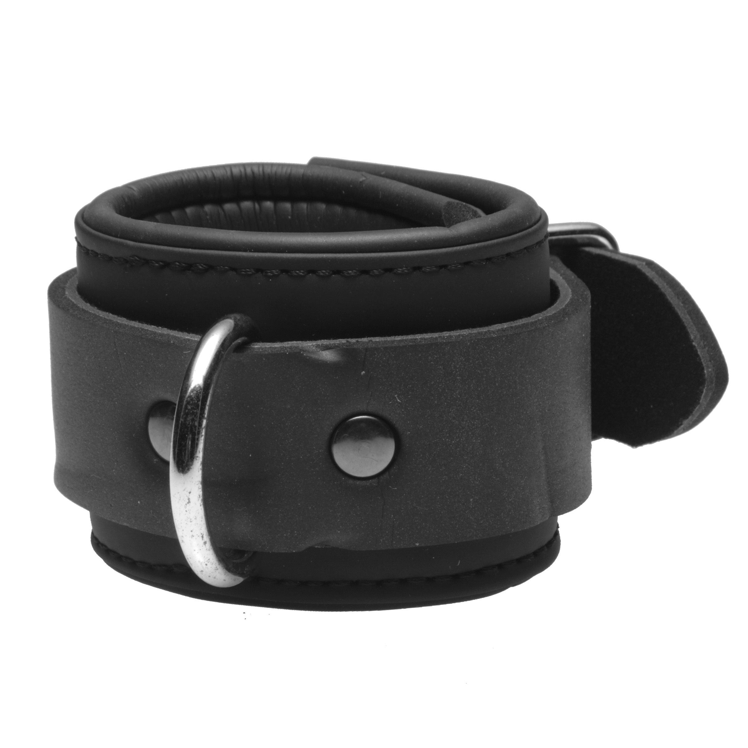 Serve Neoprene Buckle Cuffs in black, padded for comfort with adjustable straps and D-rings for bondage play.