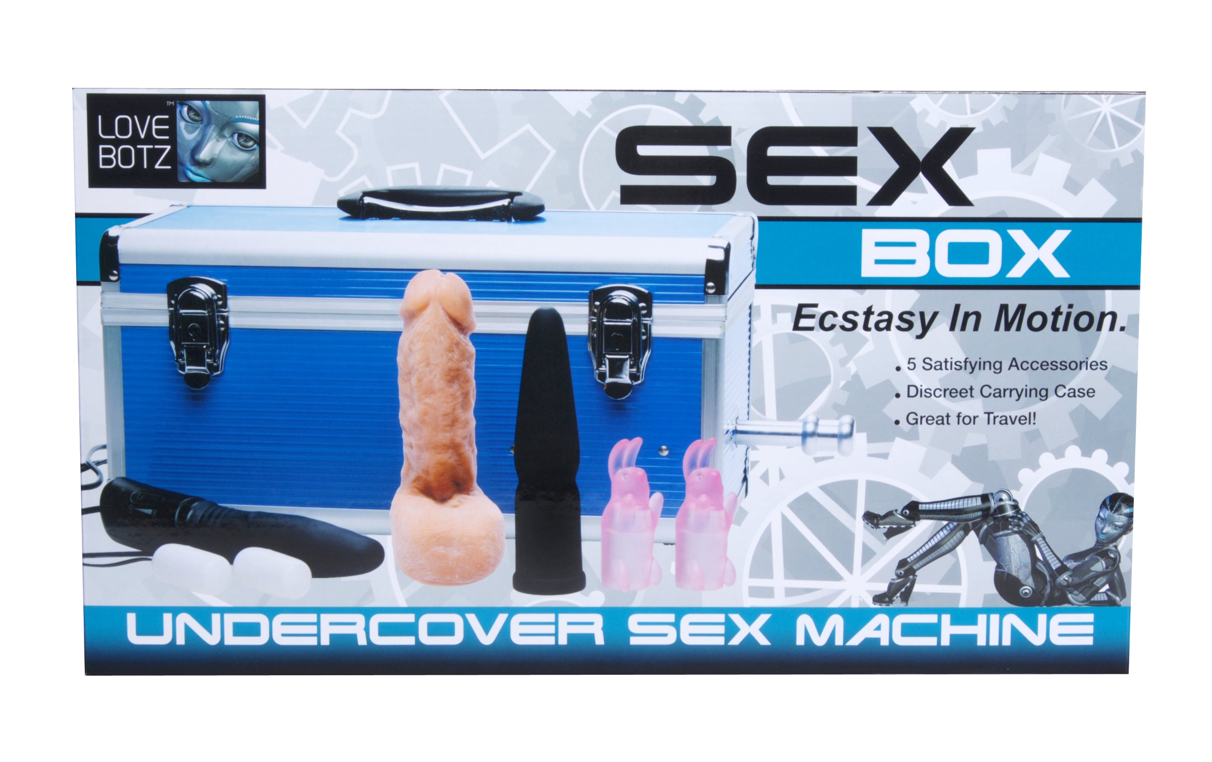 SexBox Undercover Sex Machine with attachments, showcasing its discreet design and powerful motor.