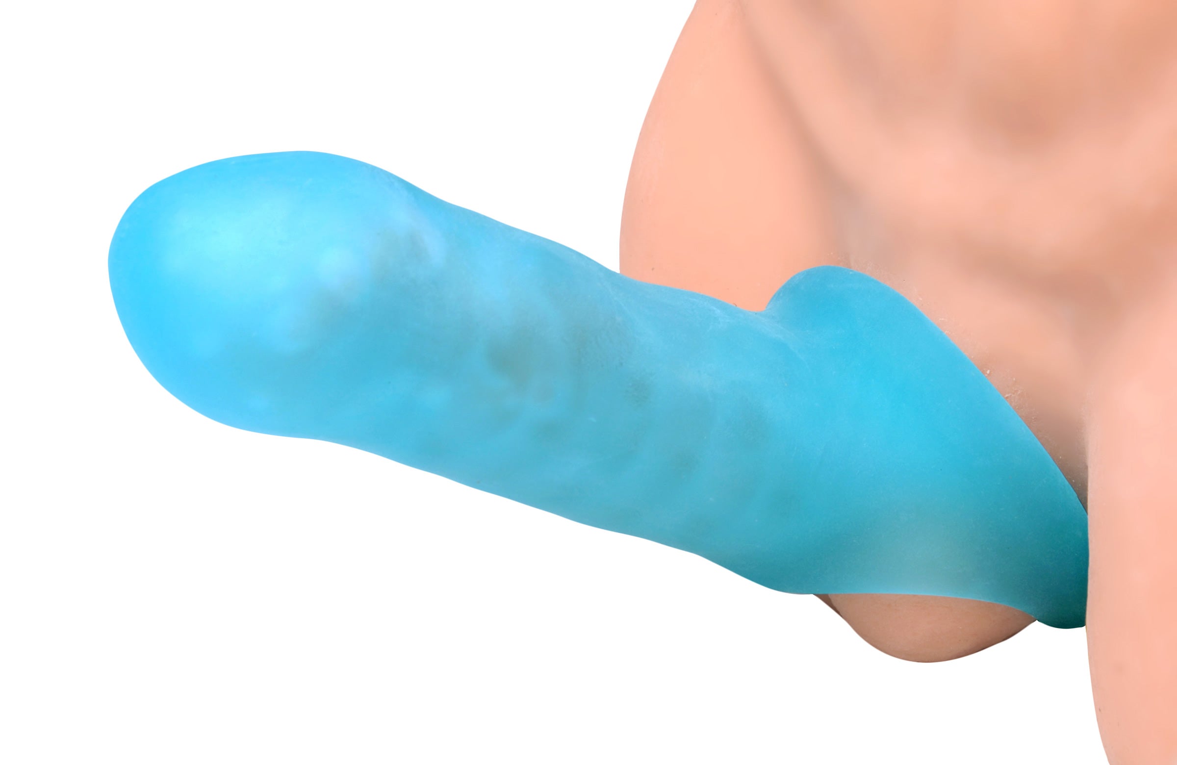 SexFlesh Blue Baller Penis Extender showcasing its soft, stretchy design and internal textures for enhanced pleasure.