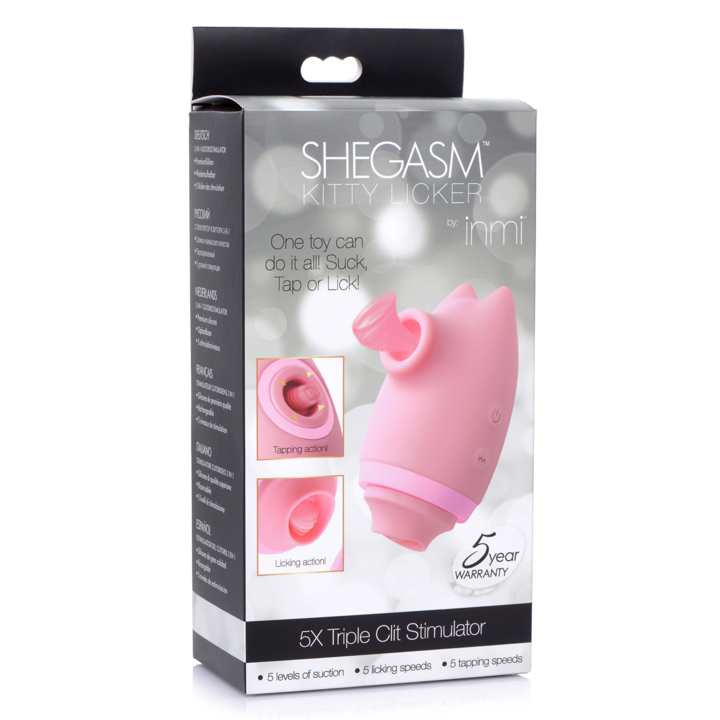 Shegasm Kitty Licker 5X 3-in-1 Clit Stimulator in pink, showcasing its sleek design and multiple stimulation features.