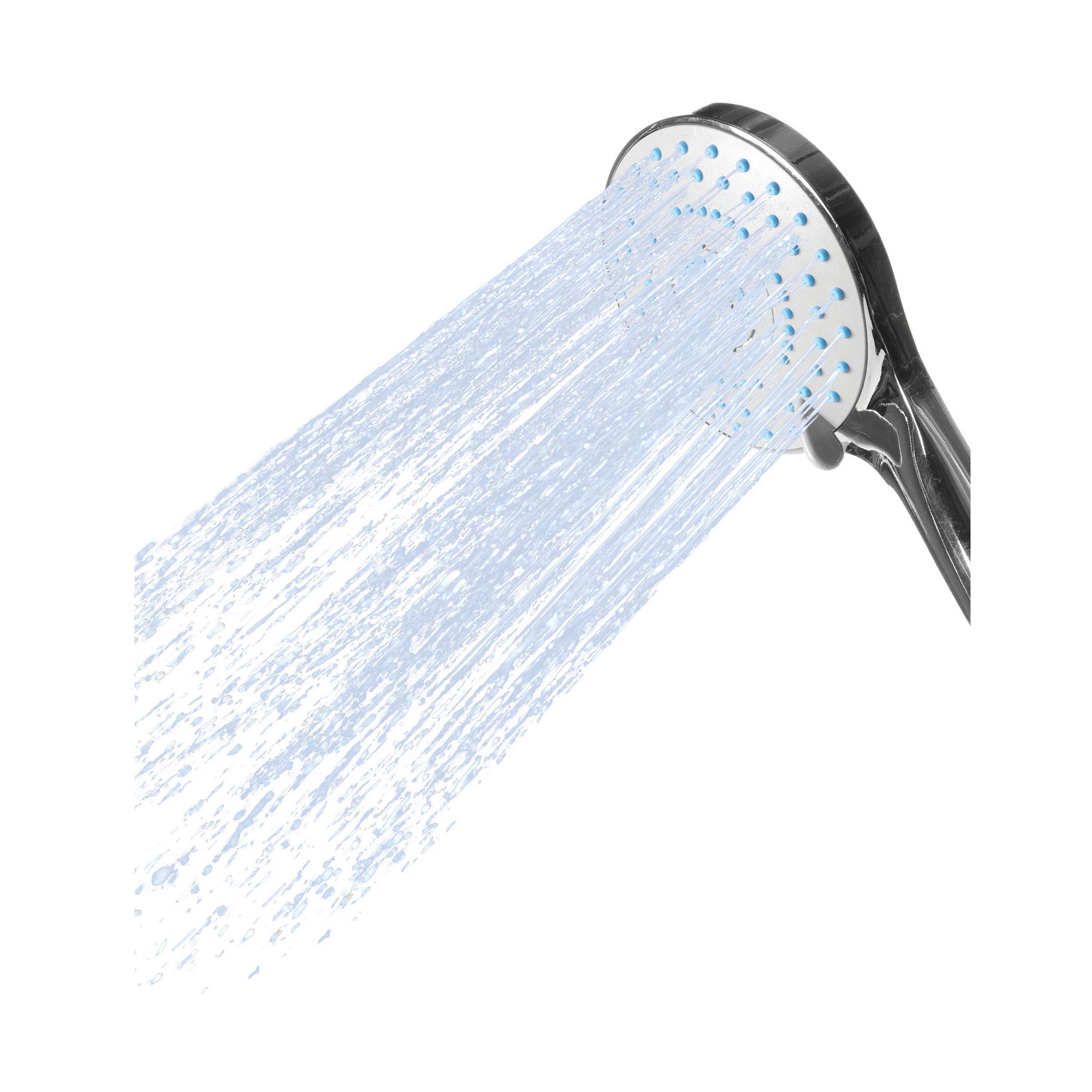 Handheld showerhead spraying water.