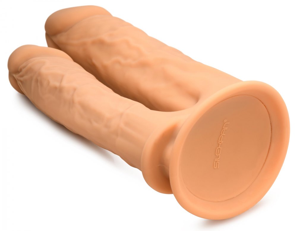 Silexpan Hypoallergenic Silicone Double Dildo featuring two flexible shafts, a strong suction cup base, and a smooth finish for ultimate pleasure.