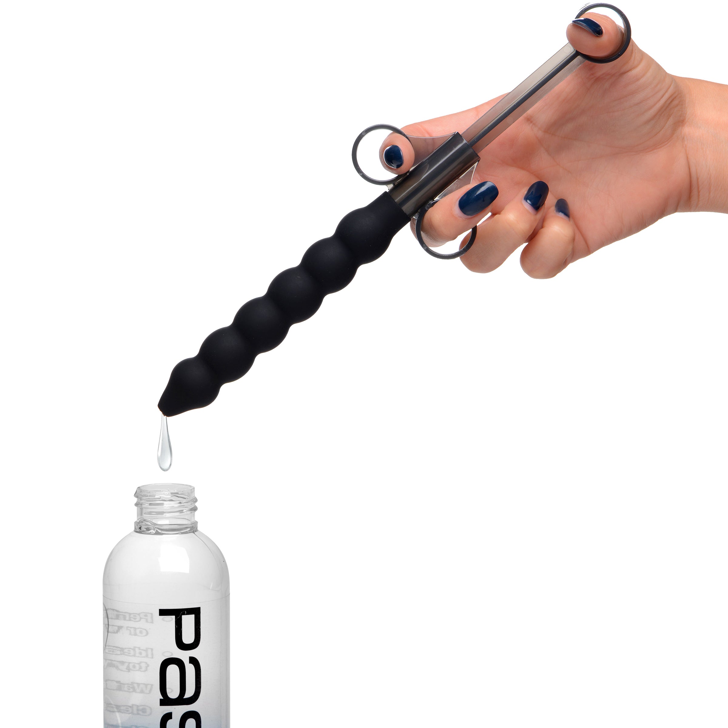 Silicone Beaded Lube Launcher in black with six bulbs for deep lubrication application.