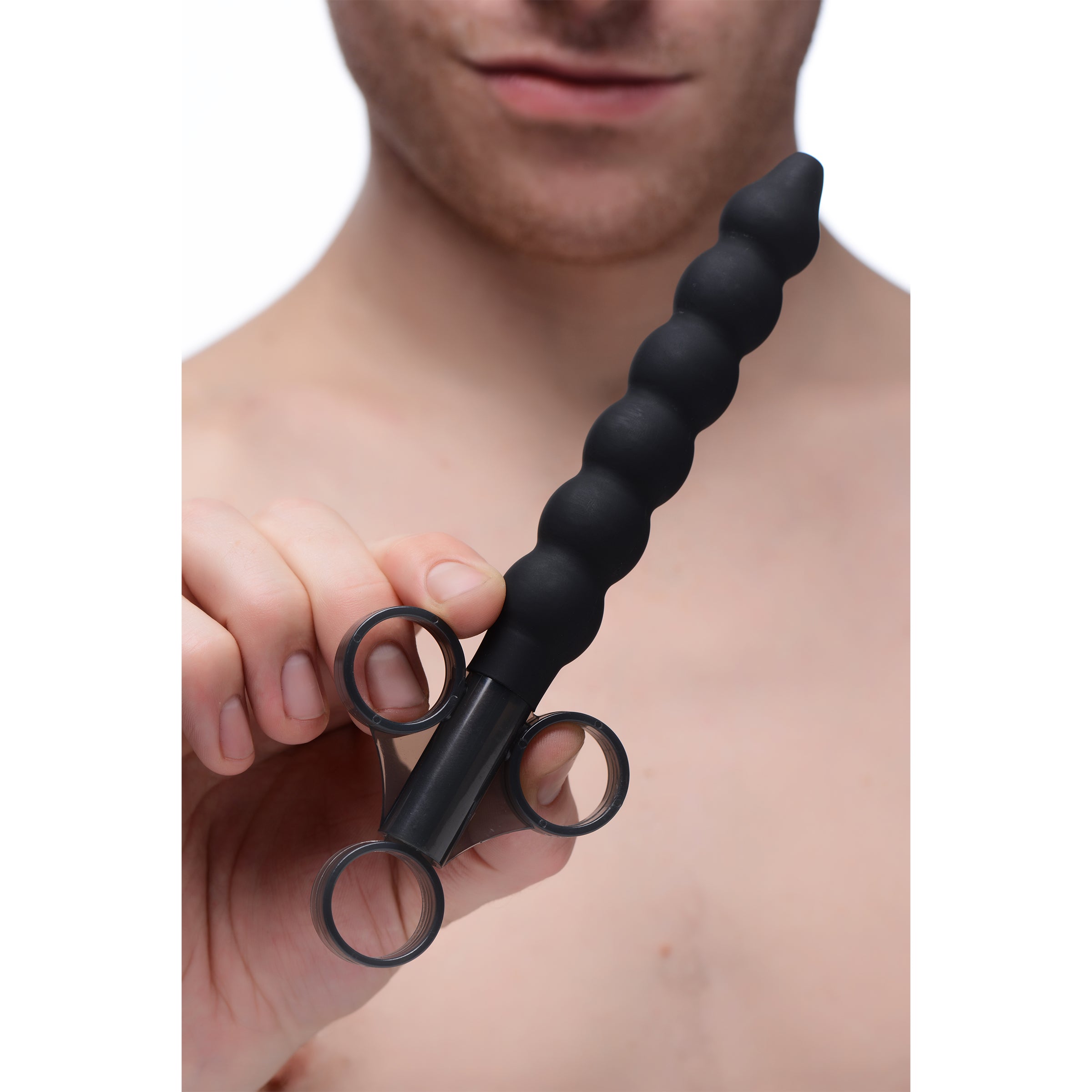 Silicone Beaded Lube Launcher in black with six bulbs for deep lubrication application.