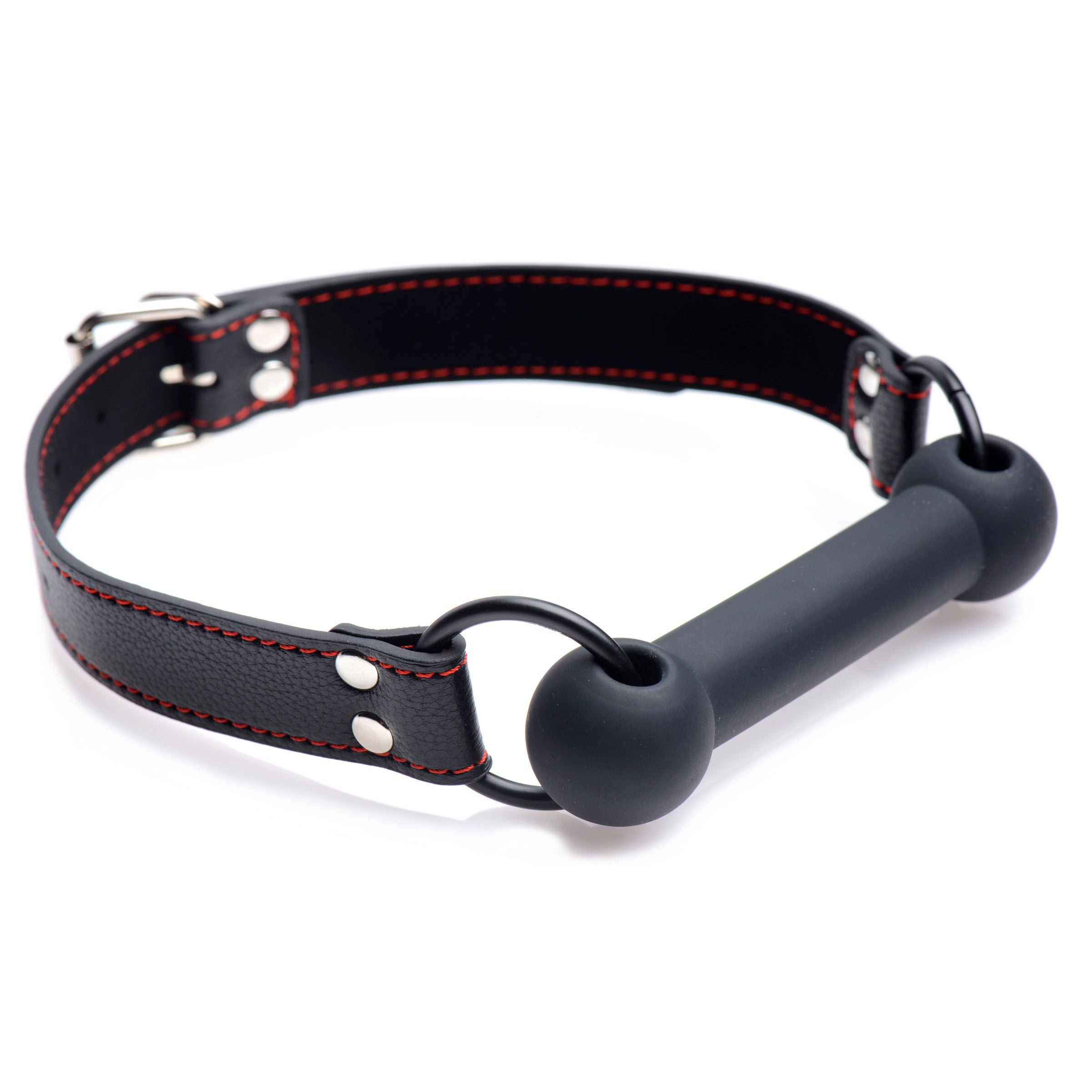 Silicone Bit Gag with adjustable strap and bold red stitching, designed for comfortable bondage play.