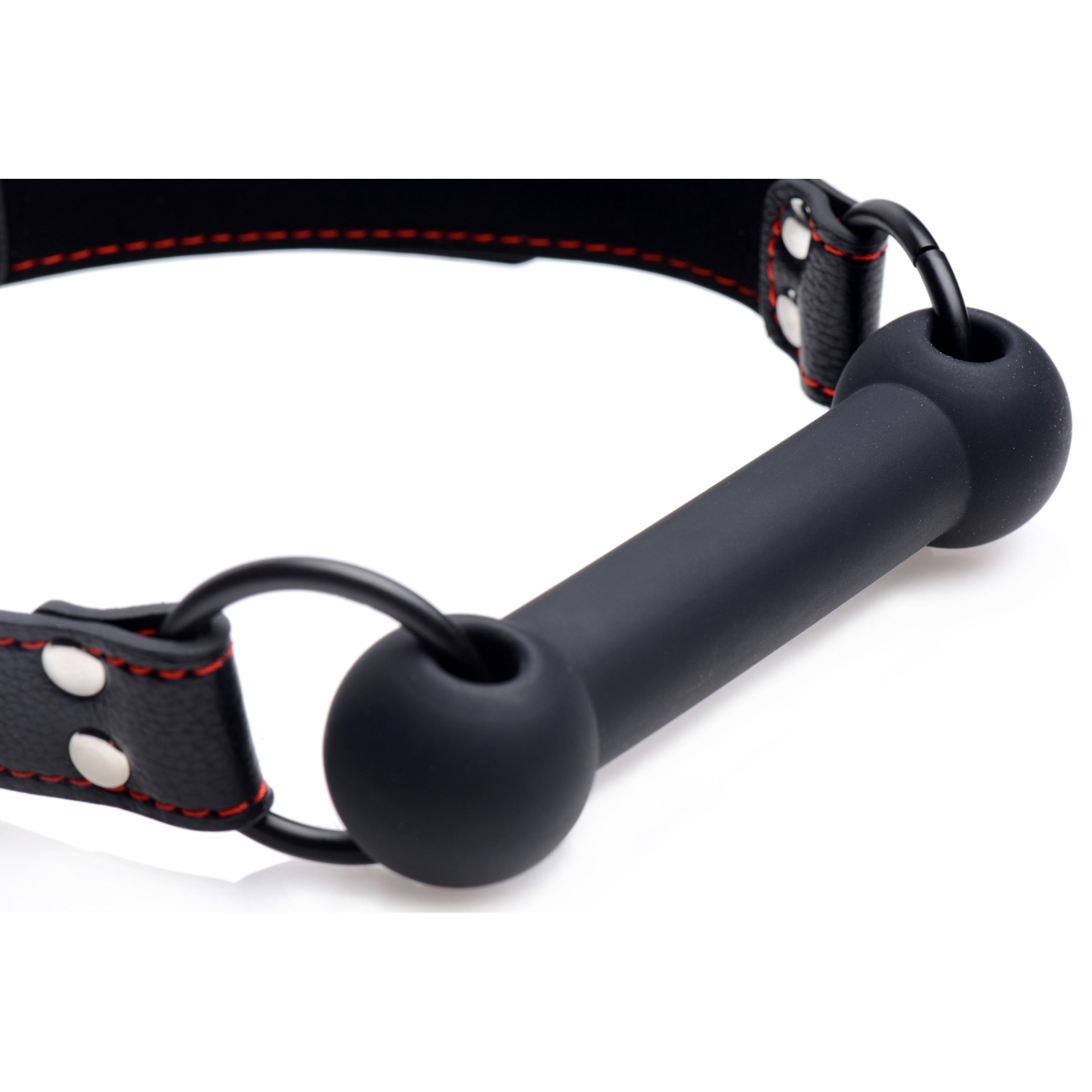 Silicone Bit Gag with adjustable strap and bold red stitching, designed for comfortable bondage play.