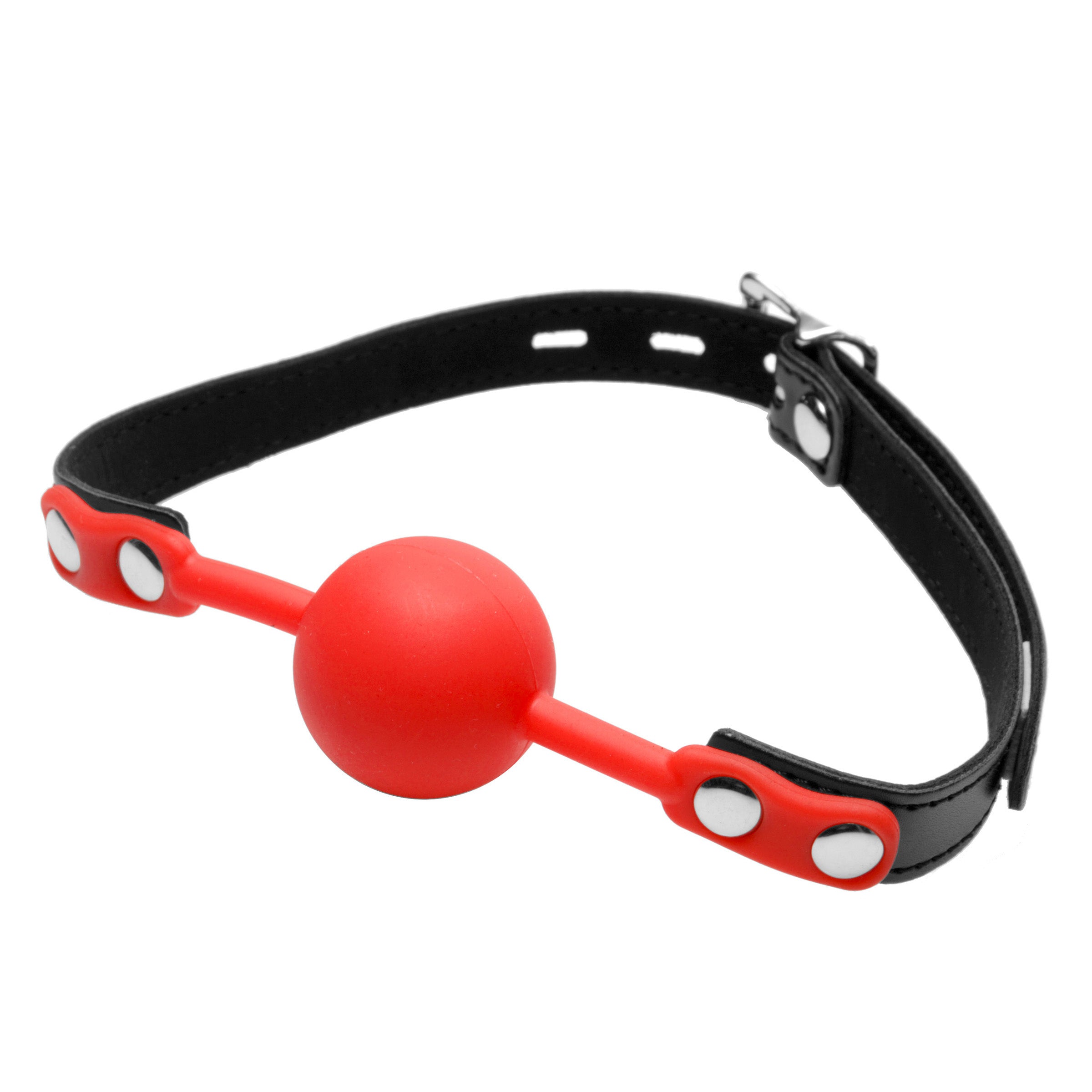 Silicone Comfort Ball Gag in red with adjustable faux leather strap, designed for comfort and pleasure.