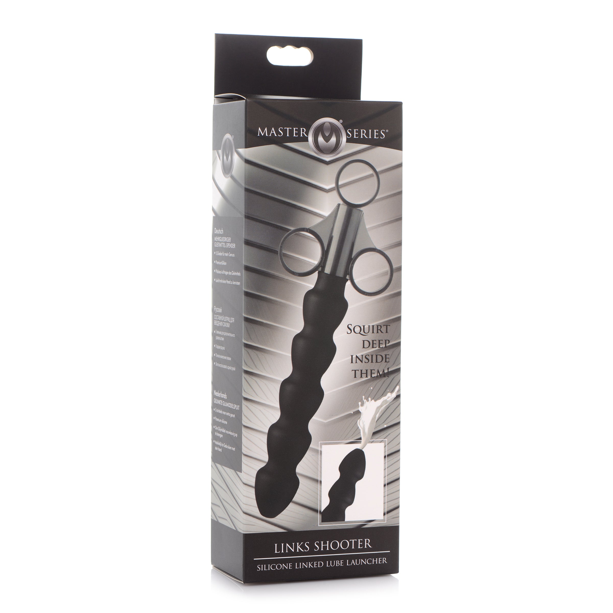 Silicone Links Lube Launcher in black with five flexible links for precise lubricant application.