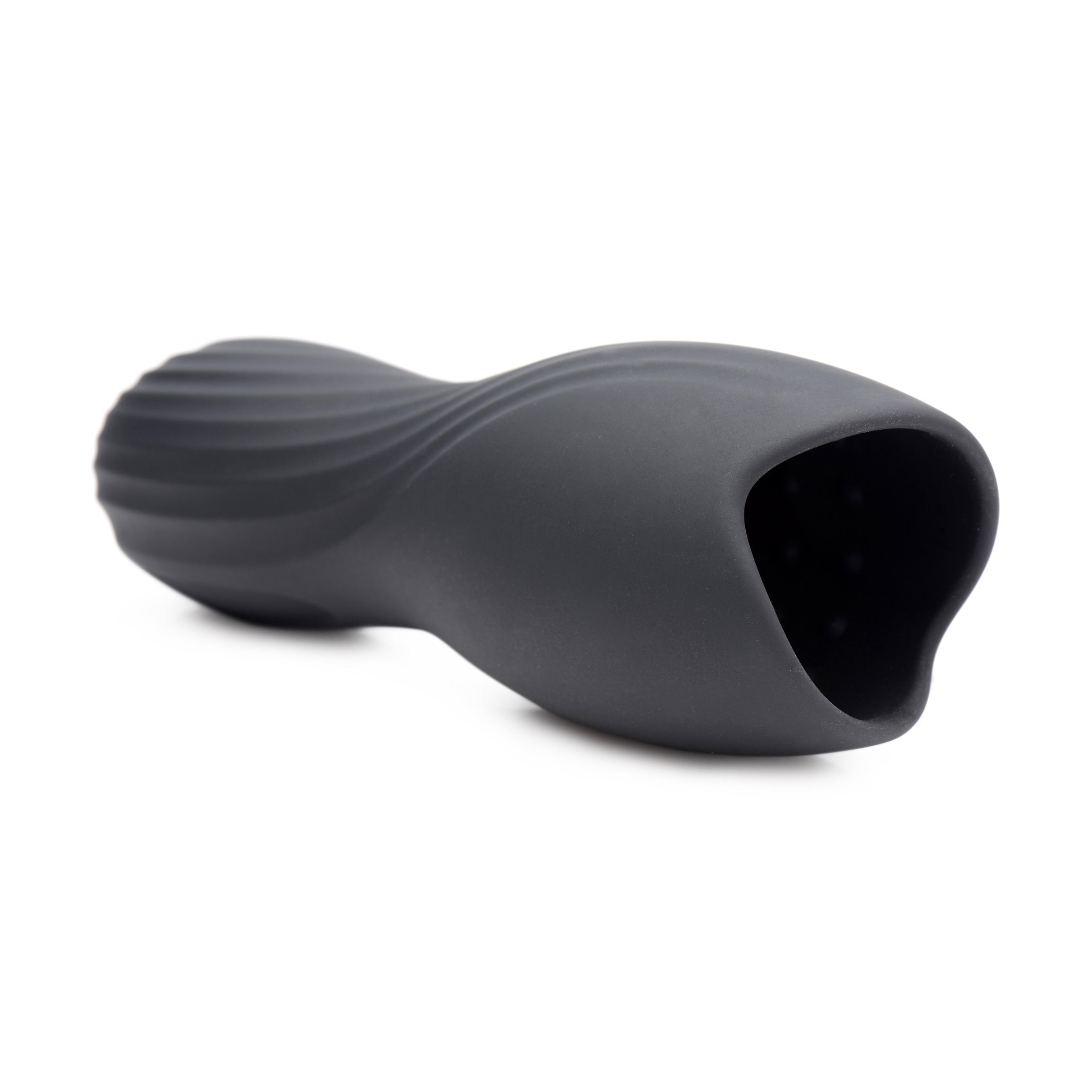 Silicone Penis Head Pleaser in black, showcasing its stretchy sleeve and textured surface for enhanced stimulation.