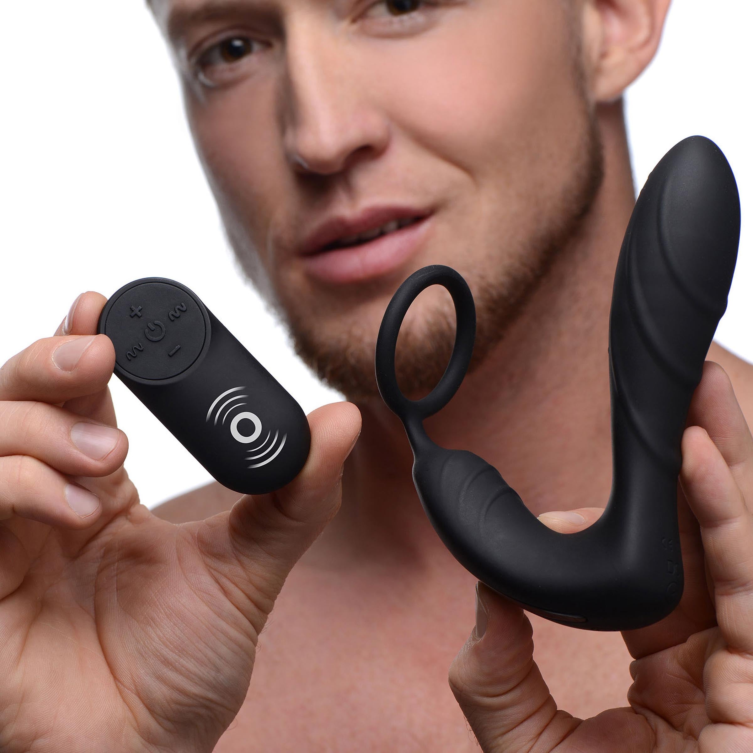 Silicone Prostate Vibrator with Strap and Remote Control, showcasing its sleek design and textured surface for enhanced pleasure.