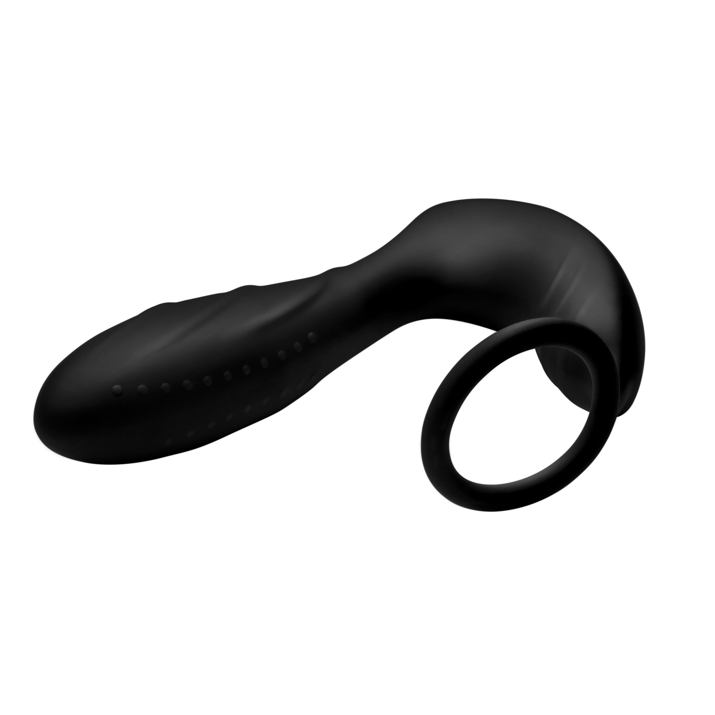 Silicone Prostate Vibrator with Strap and Remote Control, showcasing its sleek design and textured surface for enhanced pleasure.