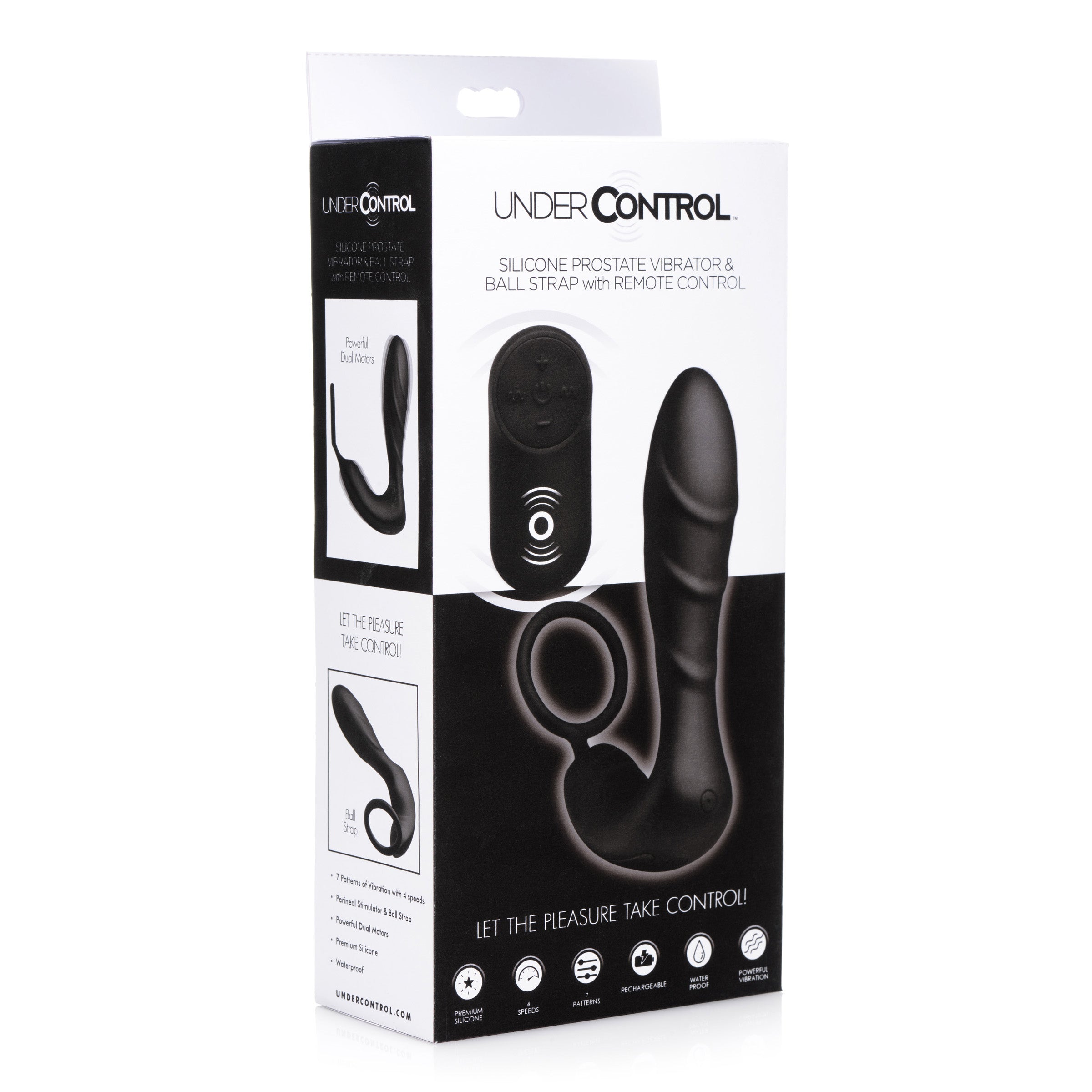 Silicone Prostate Vibrator with Strap and Remote Control, showcasing its sleek design and textured surface for enhanced pleasure.