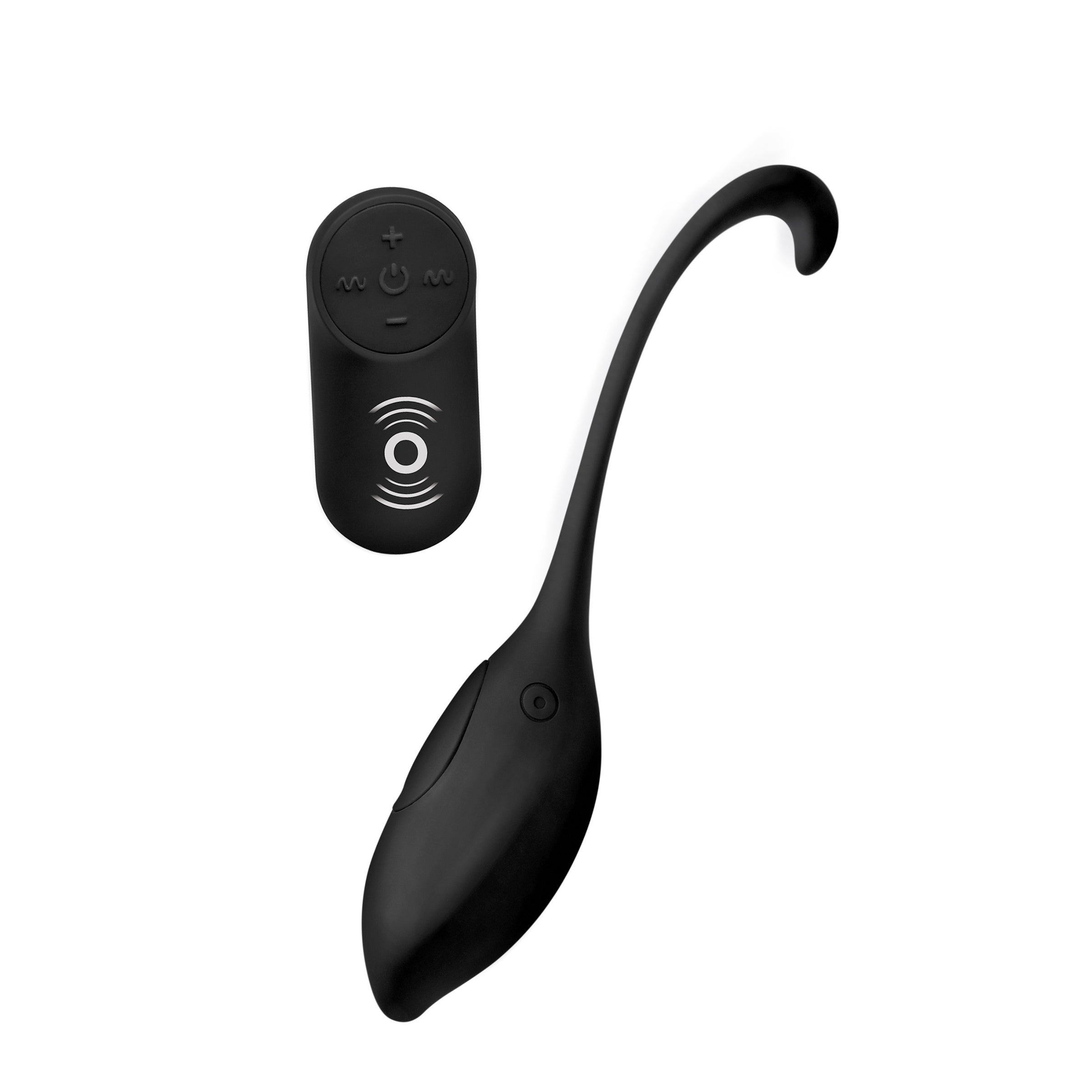 Silicone Vibrating Egg with Remote Control in black, showcasing its sleek design and tapered tip for versatile use.