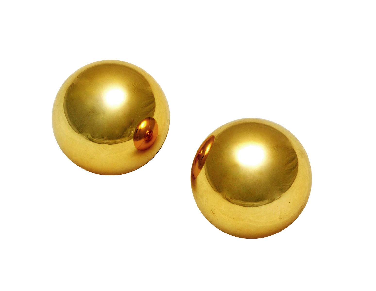 Two 1 inch golden stainless steel Benwa balls resting in a palm, showcasing their sleek design and elegant finish.