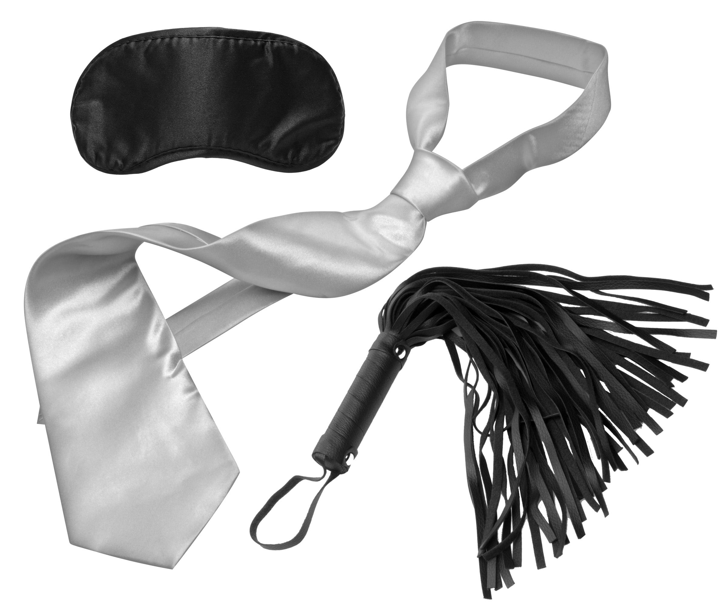 Sirs Restraint All In One Bondage Kit featuring a flogger, satin tie, and blindfold in black color.