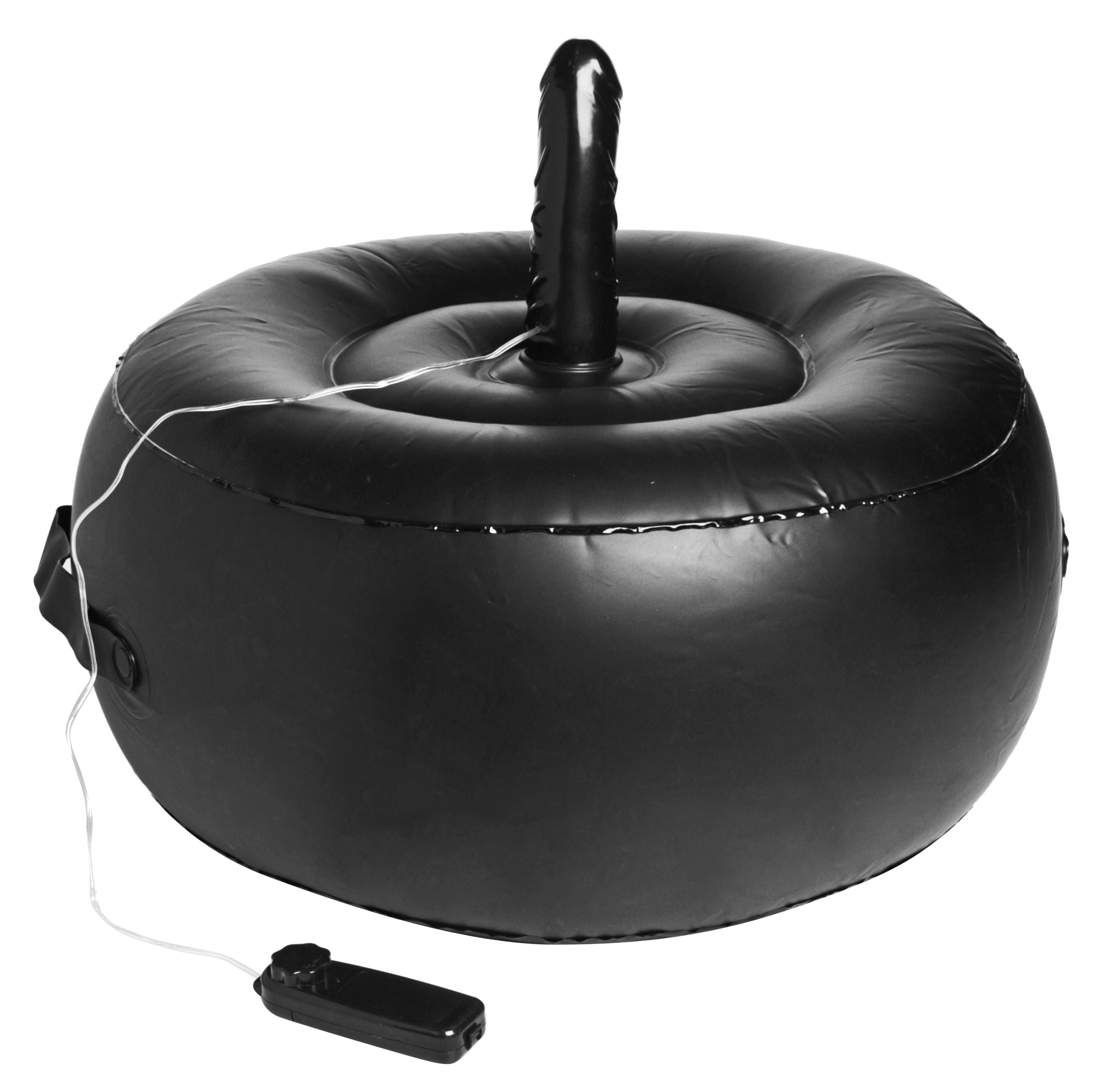 Sit-and-Ride Inflatable Seat in black with a powerful vibrating dildo, designed for ultimate pleasure and comfort.