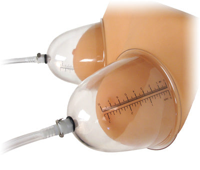 Size Matters Breast Enhancement System with clear acrylic cylinders and handle pump for breast enhancement.