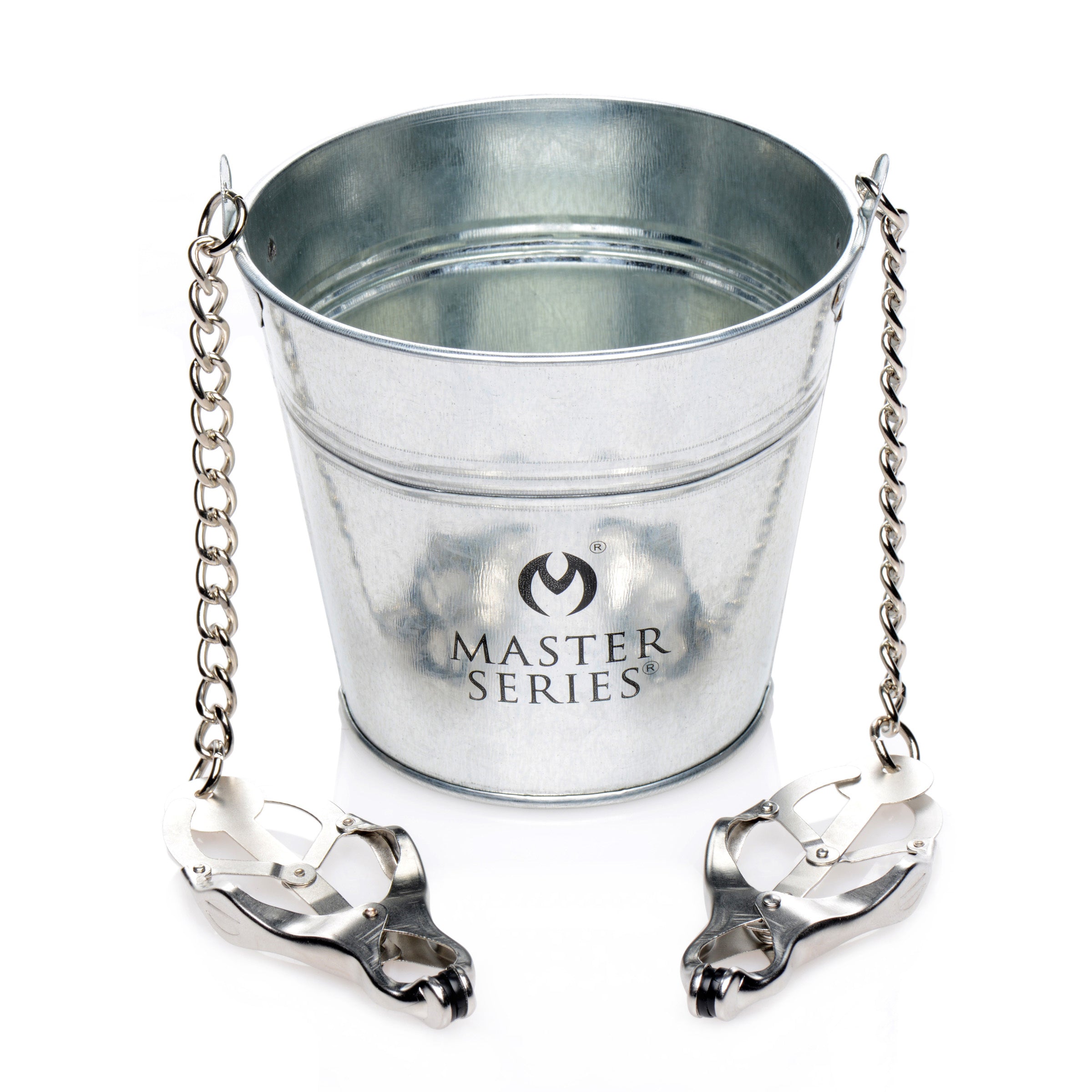 Slave Bucket Labia and Nipple Clamps featuring chains and a hanging bucket for BDSM play.