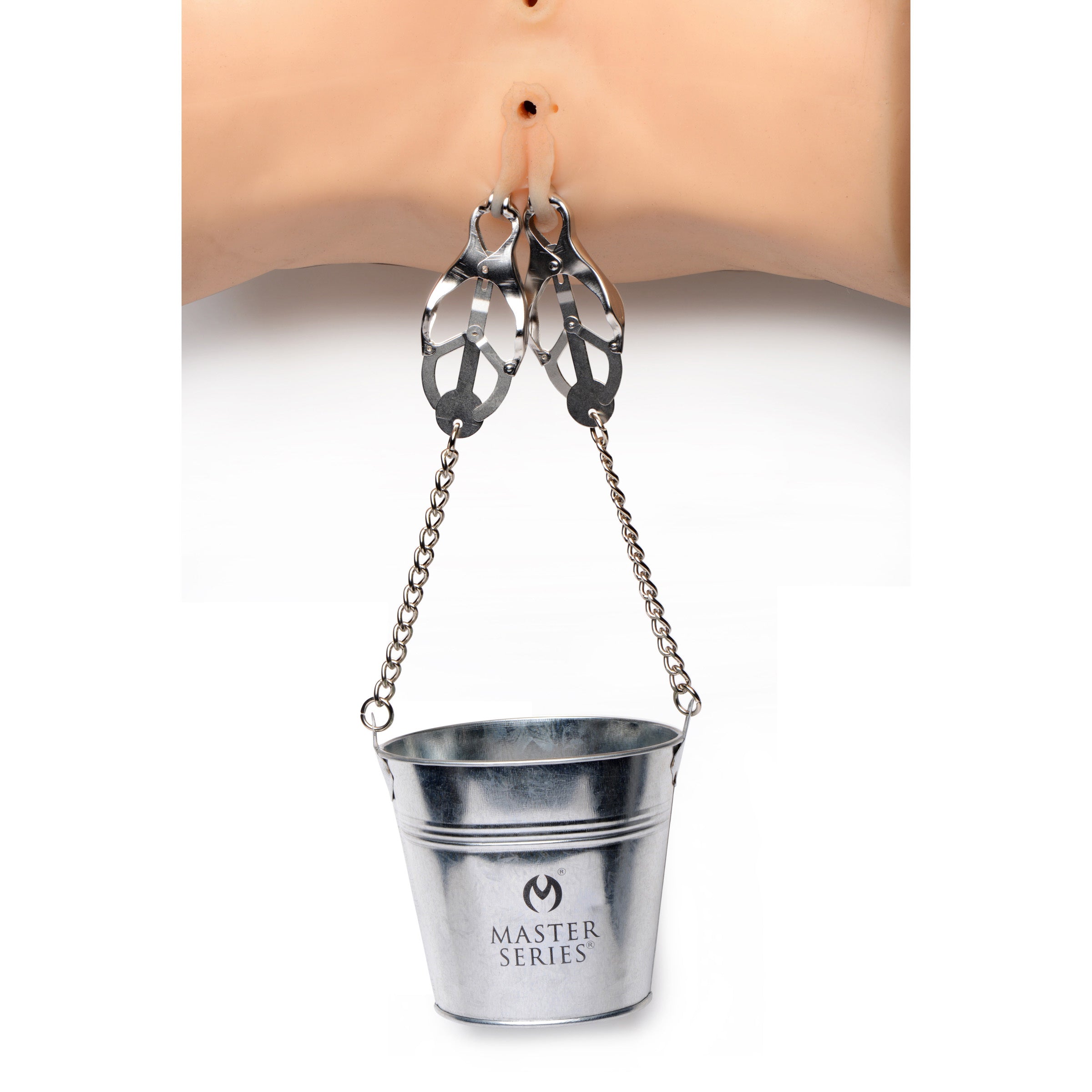 Slave Bucket Labia and Nipple Clamps featuring chains and a hanging bucket for BDSM play.