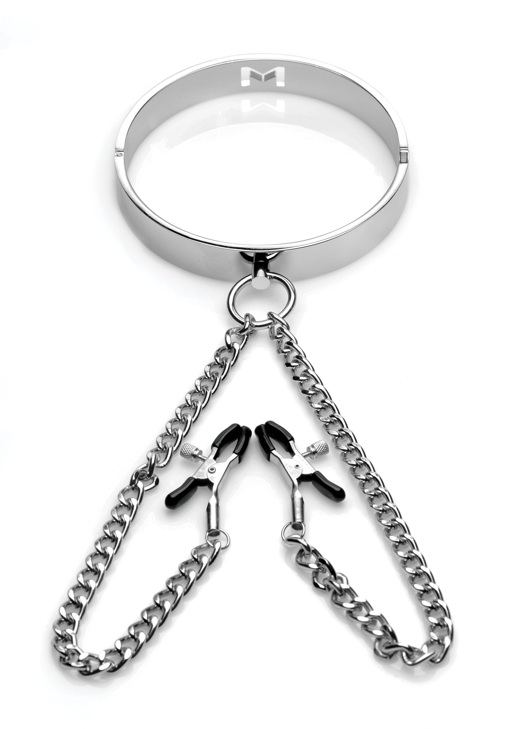 Sleek chrome slave collar with adjustable nipple clamps and chains, designed for BDSM play.