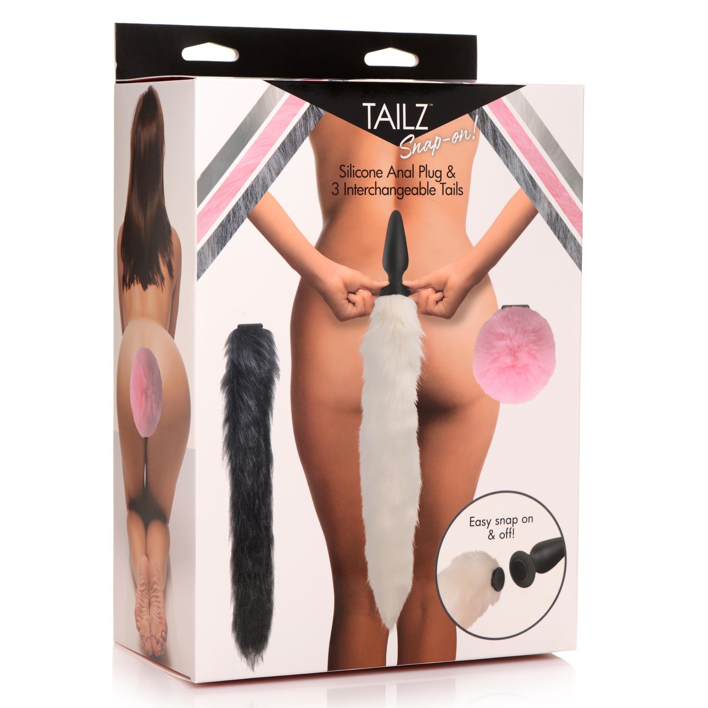 Snap-On Silicone Anal Plug with three interchangeable animal tails in pink, gray, and white, showcasing a playful design.