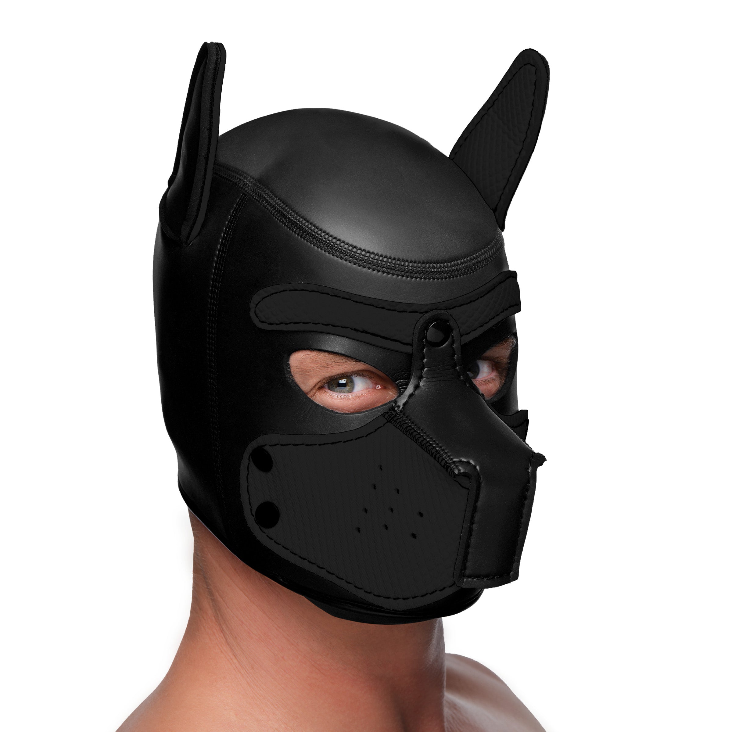 Spike Neoprene Puppy Hood in Black with adjustable muzzle and bendable ears, designed for puppy play enthusiasts.