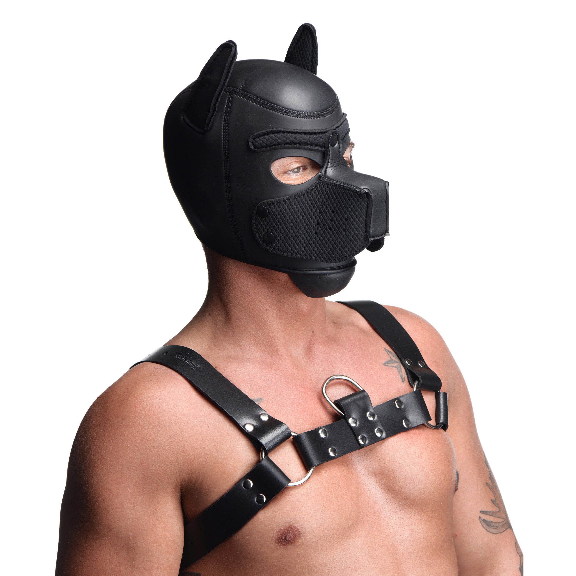 Spike Neoprene Puppy Hood in Black with adjustable muzzle and bendable ears, designed for puppy play enthusiasts.