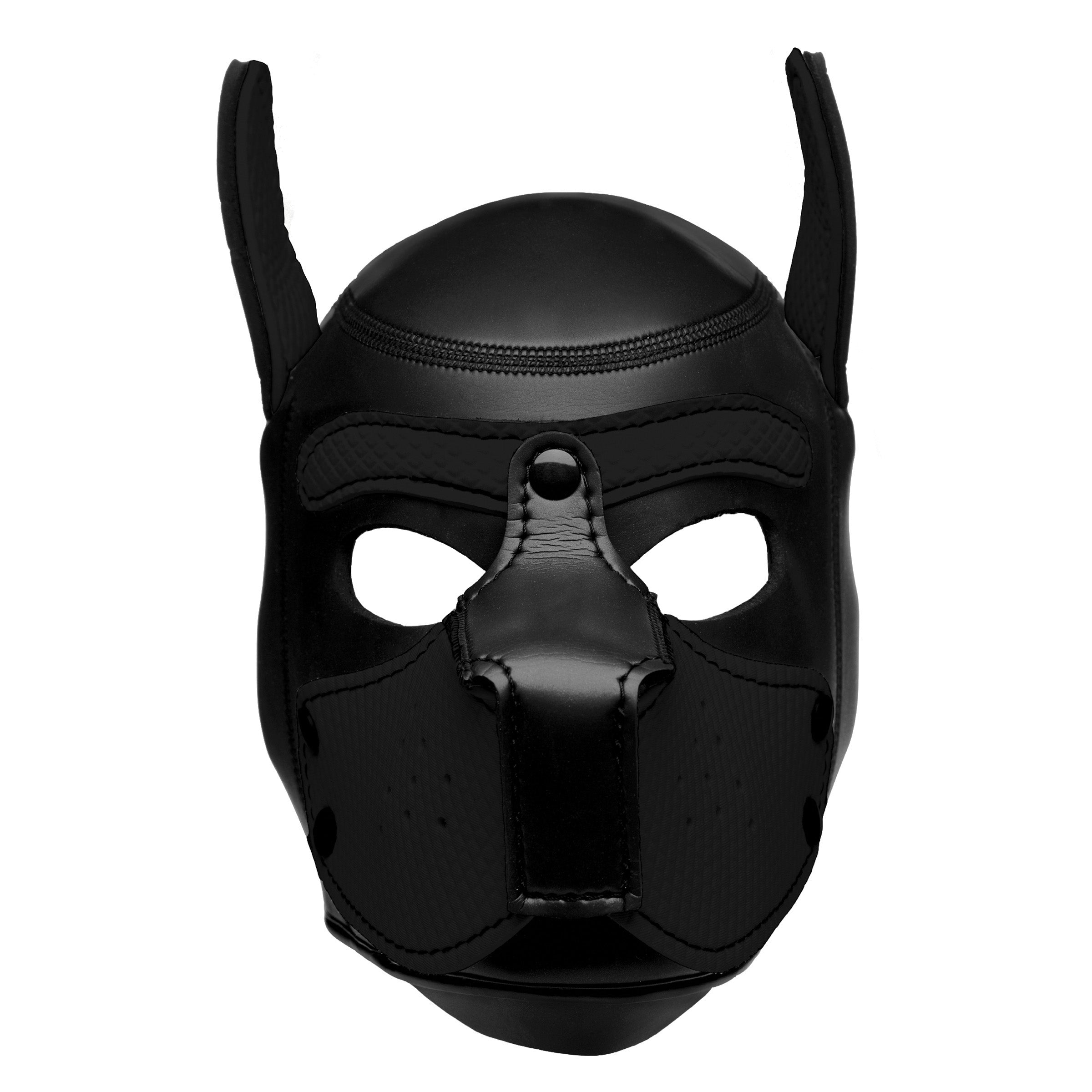 Spike Neoprene Puppy Hood in Black with adjustable muzzle and bendable ears, designed for puppy play enthusiasts.