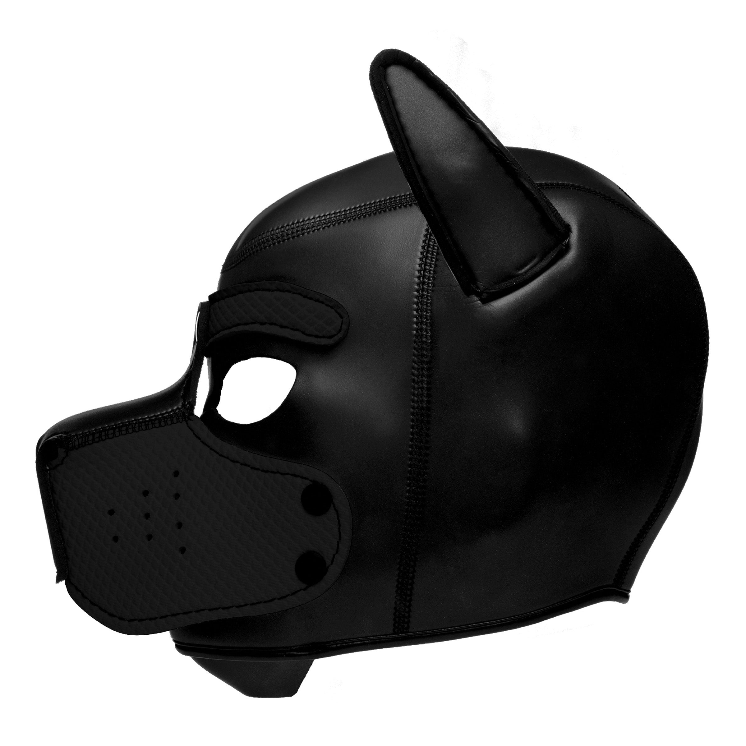 Spike Neoprene Puppy Hood in Black with adjustable muzzle and bendable ears, designed for puppy play enthusiasts.