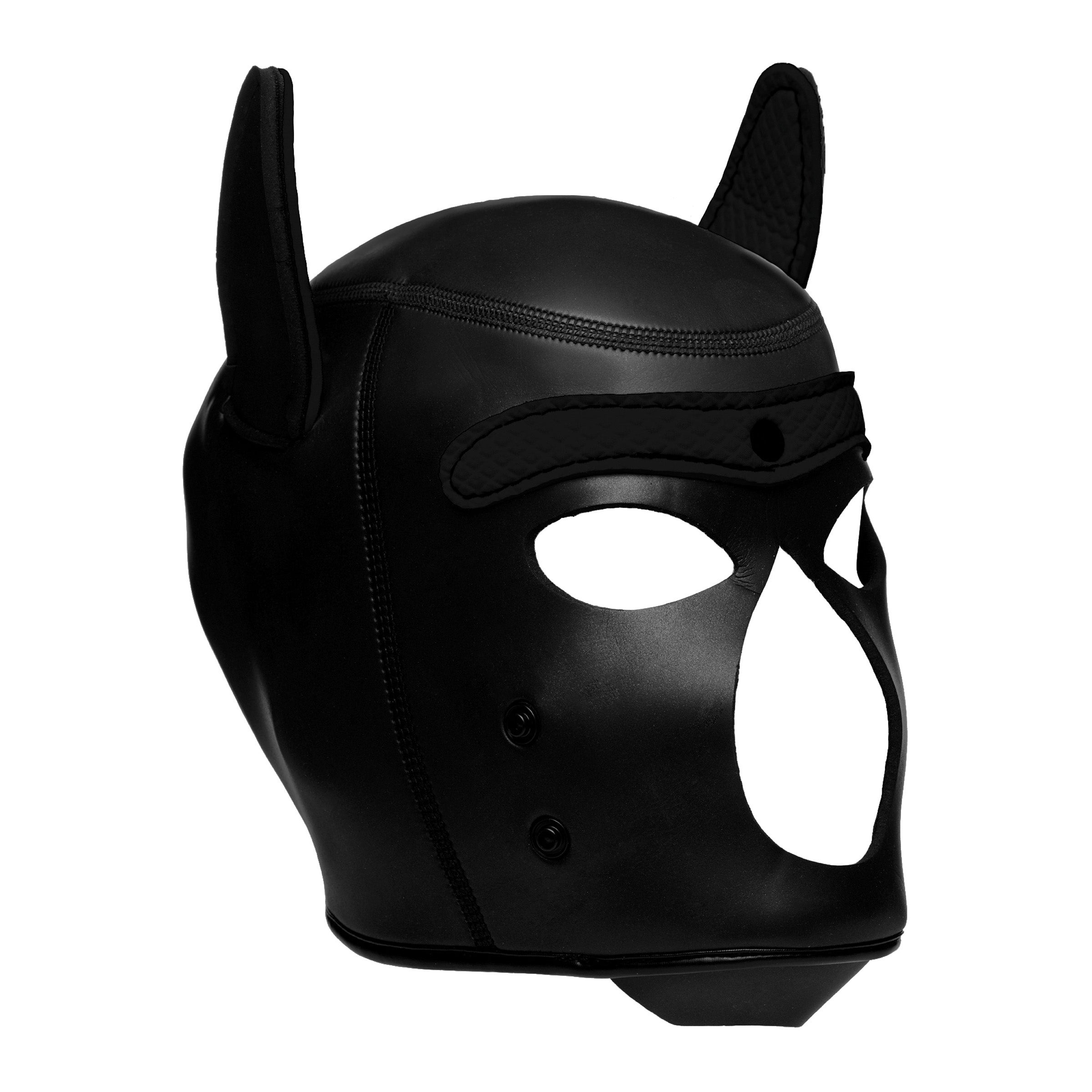 Spike Neoprene Puppy Hood in Black with adjustable muzzle and bendable ears, designed for puppy play enthusiasts.