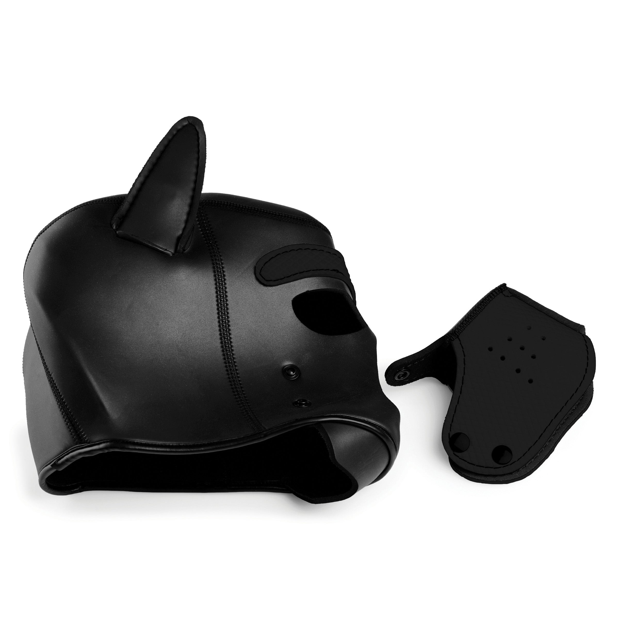 Spike Neoprene Puppy Hood in Black with adjustable muzzle and bendable ears, designed for puppy play enthusiasts.