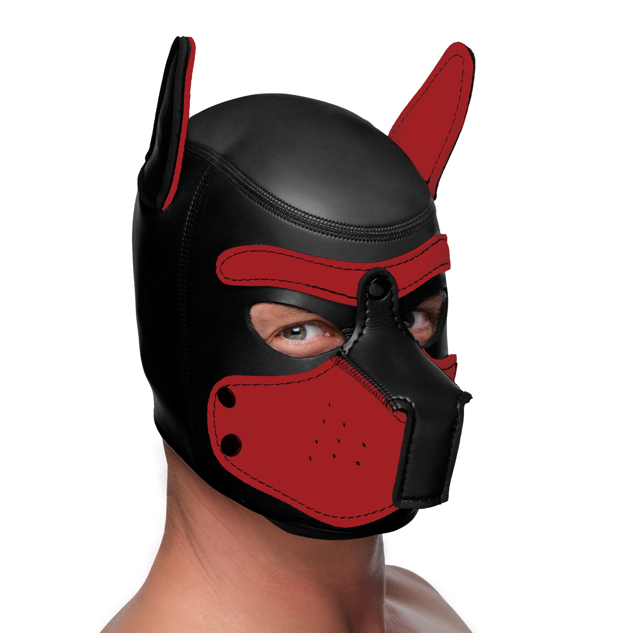 Red Spike Neoprene Puppy Hood with adjustable muzzle and bendable ears, designed for playful puppy transformation.