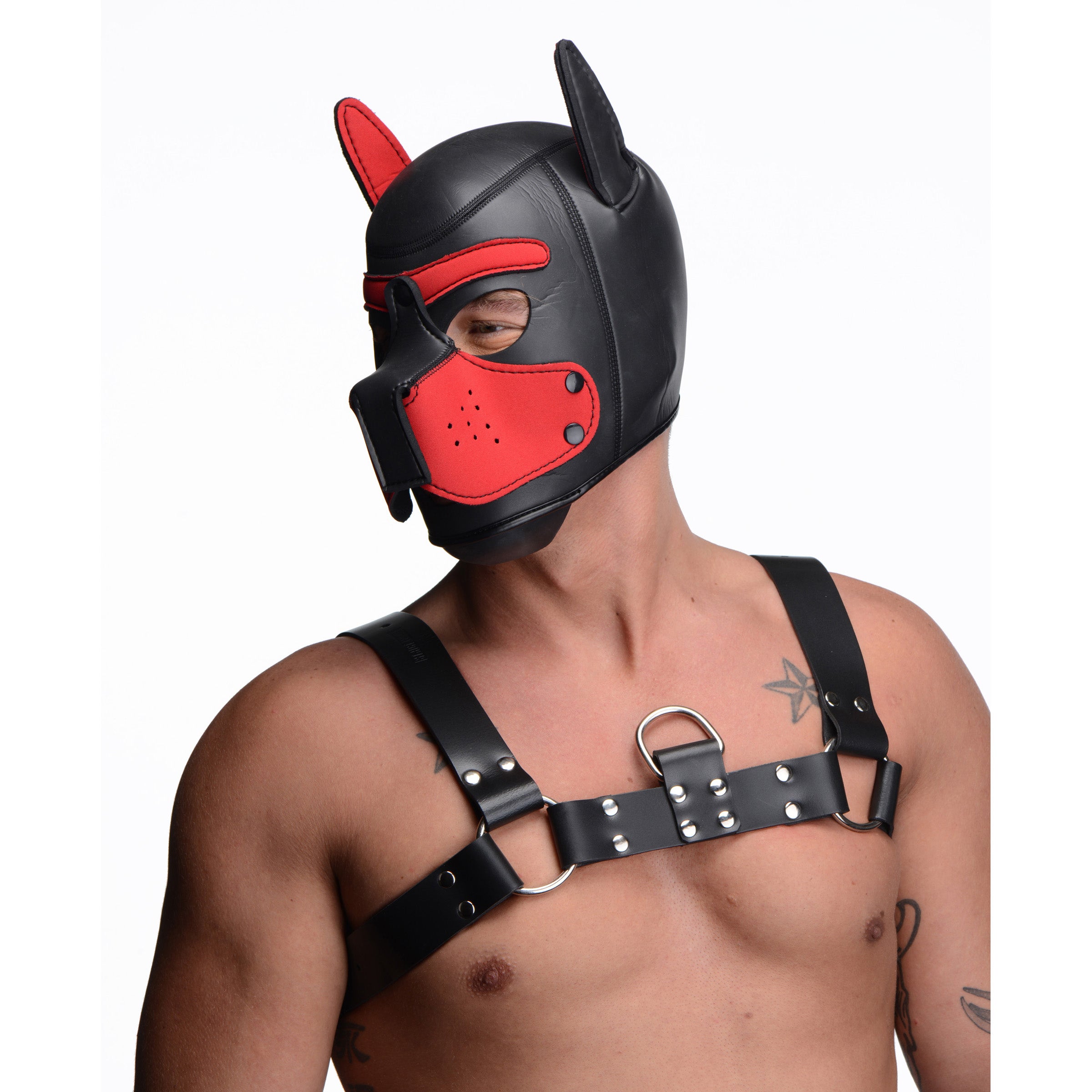 Red Spike Neoprene Puppy Hood with adjustable muzzle and bendable ears, designed for playful puppy transformation.