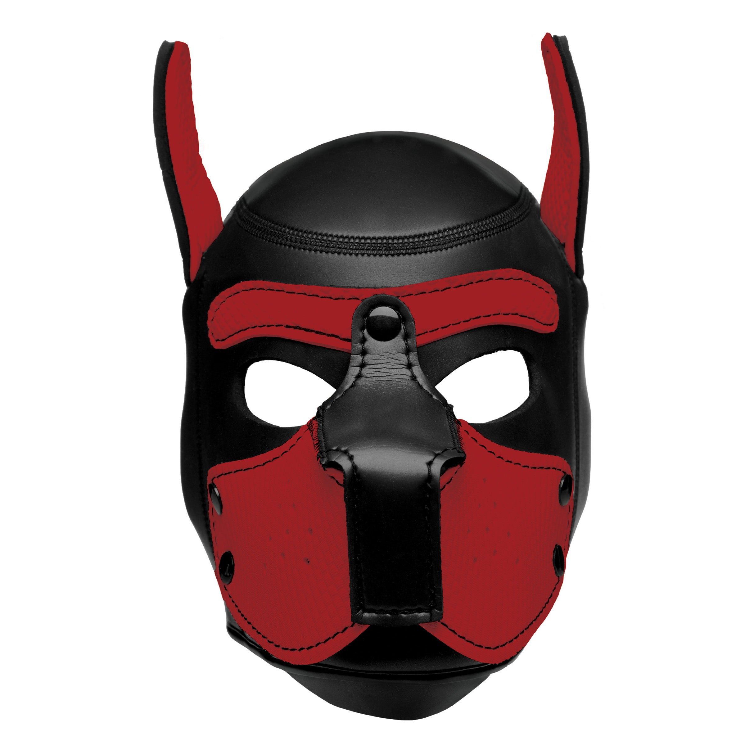 Red Spike Neoprene Puppy Hood with adjustable muzzle and bendable ears, designed for playful puppy transformation.