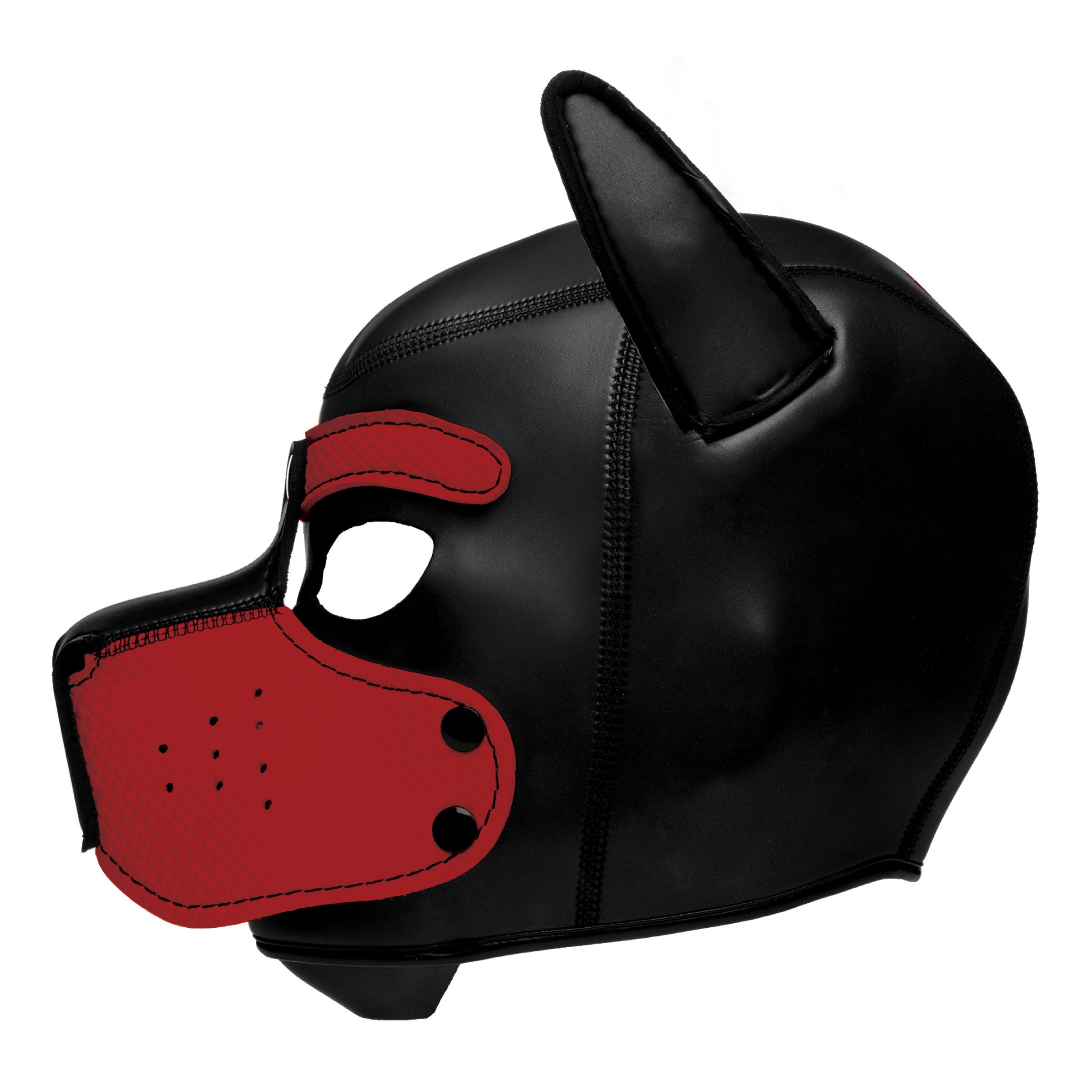 Red Spike Neoprene Puppy Hood with adjustable muzzle and bendable ears, designed for playful puppy transformation.