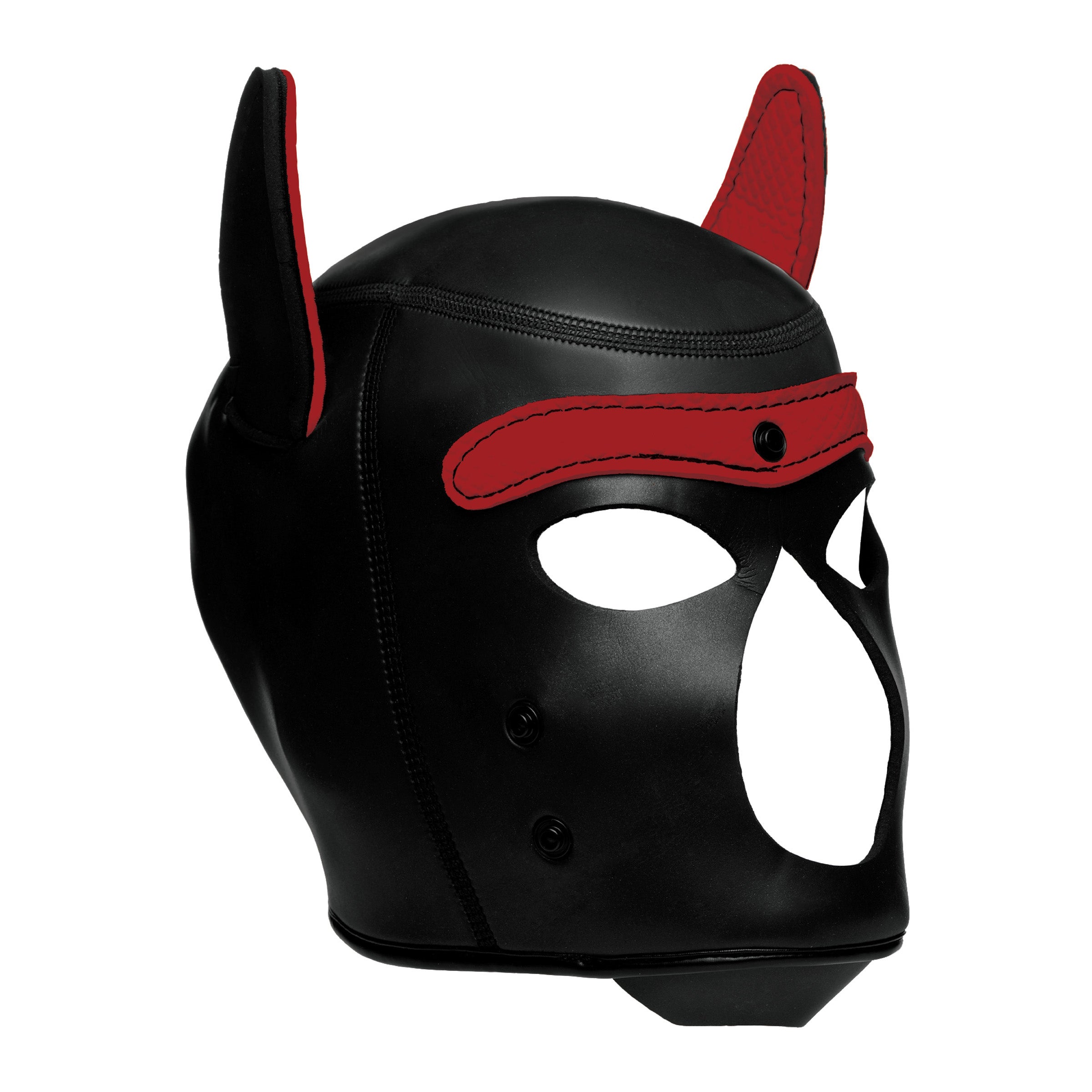 Red Spike Neoprene Puppy Hood with adjustable muzzle and bendable ears, designed for playful puppy transformation.