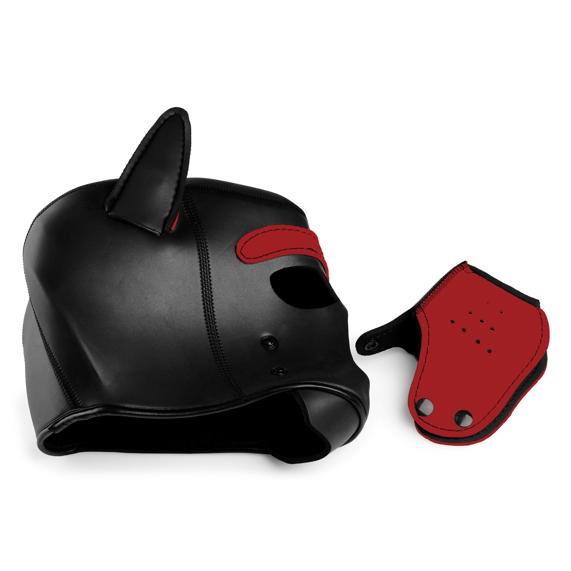 Red Spike Neoprene Puppy Hood with adjustable muzzle and bendable ears, designed for playful puppy transformation.