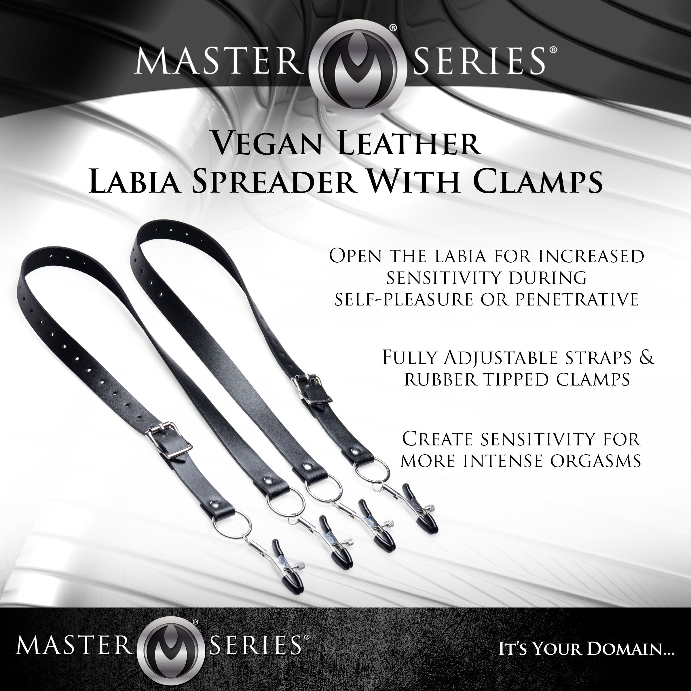 Spread XL Labia Spreader Straps featuring adjustable clamps and velvet-lined straps for comfortable bondage play.