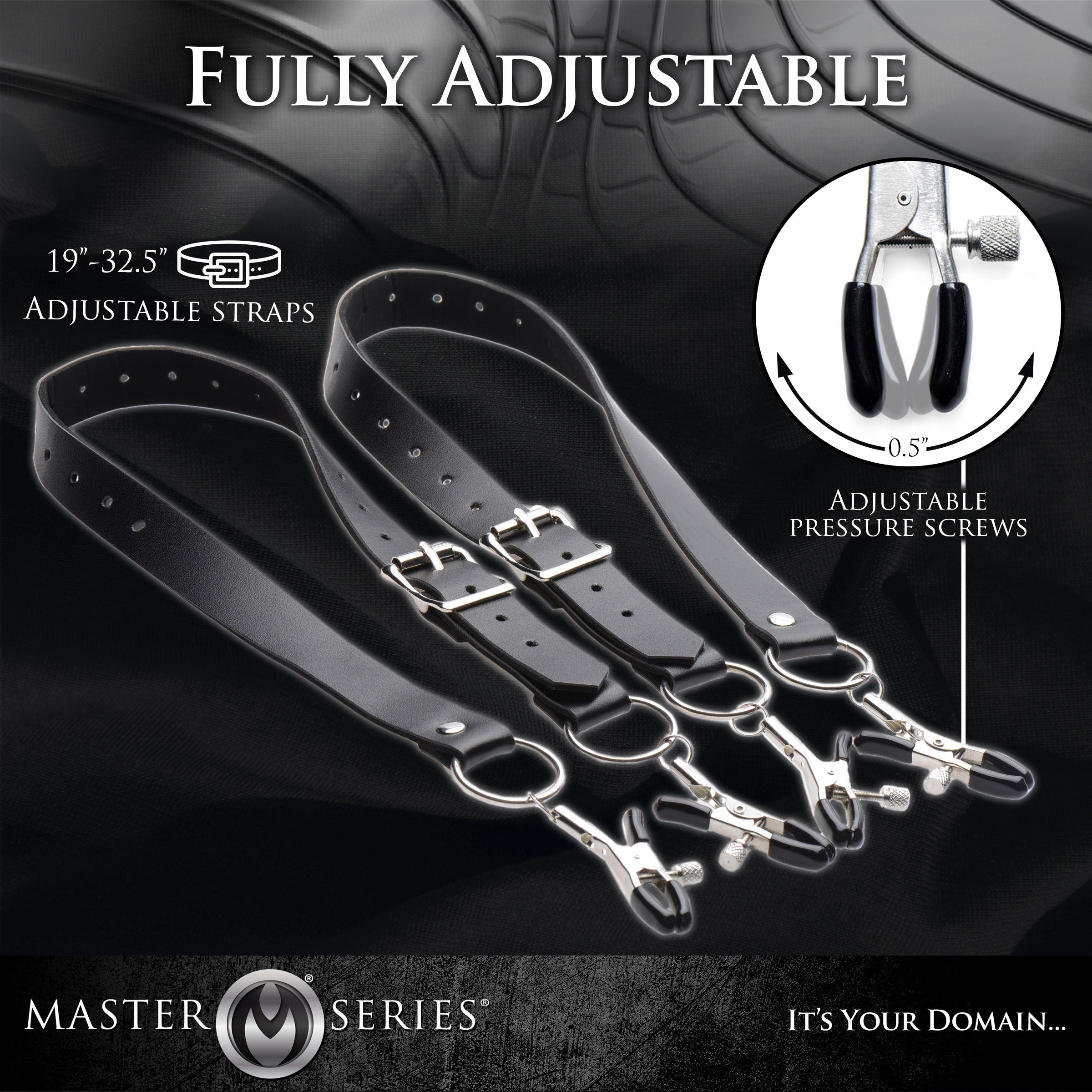 Spread XL Labia Spreader Straps featuring adjustable clamps and velvet-lined straps for comfortable bondage play.