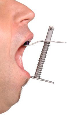 A stainless steel spring loaded mouth gag with plastic stoppers, designed for BDSM and medical play.