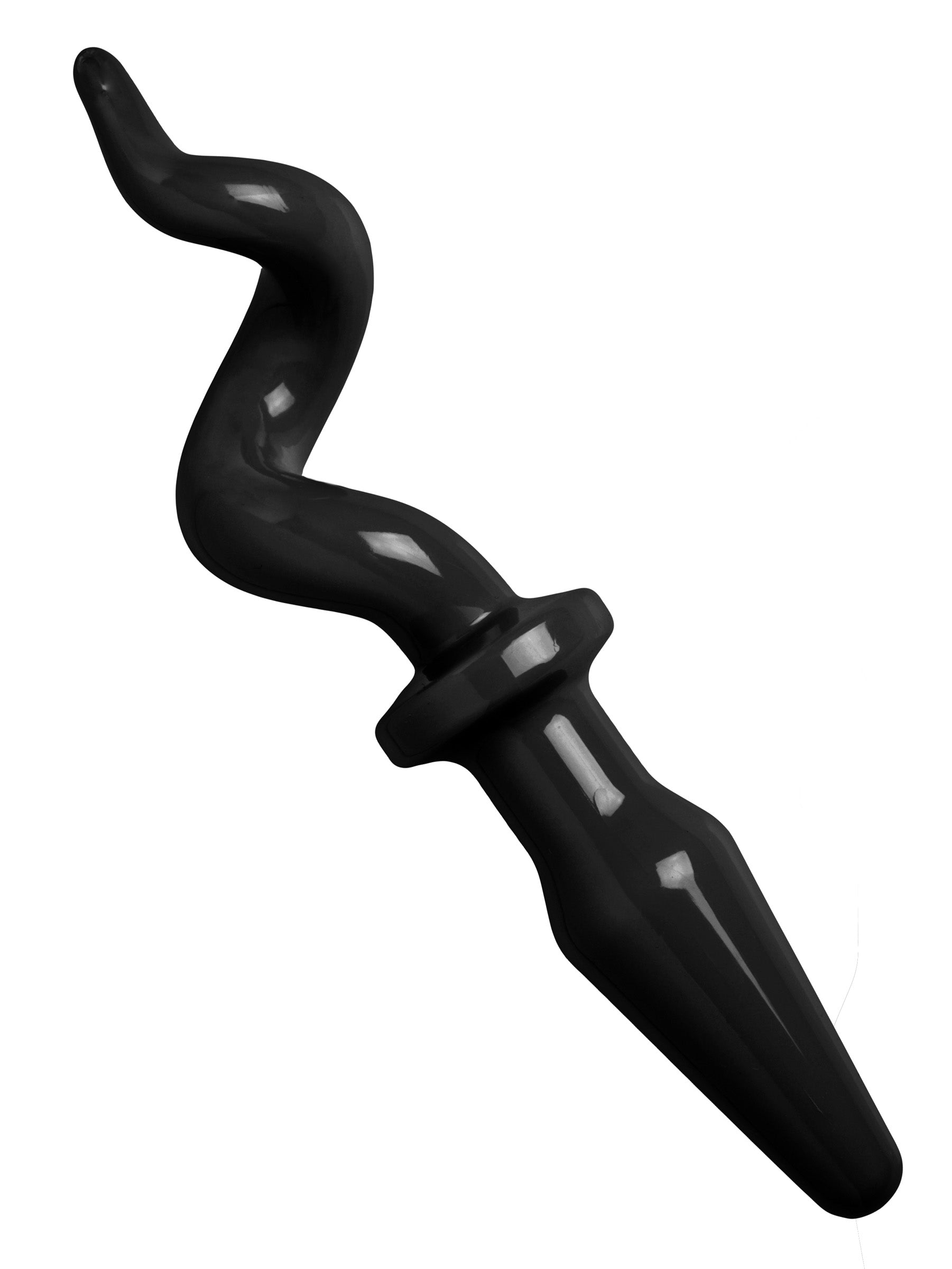 A black pig tail anal plug made of soft rubber, measuring 9 inches in total length with a playful design.