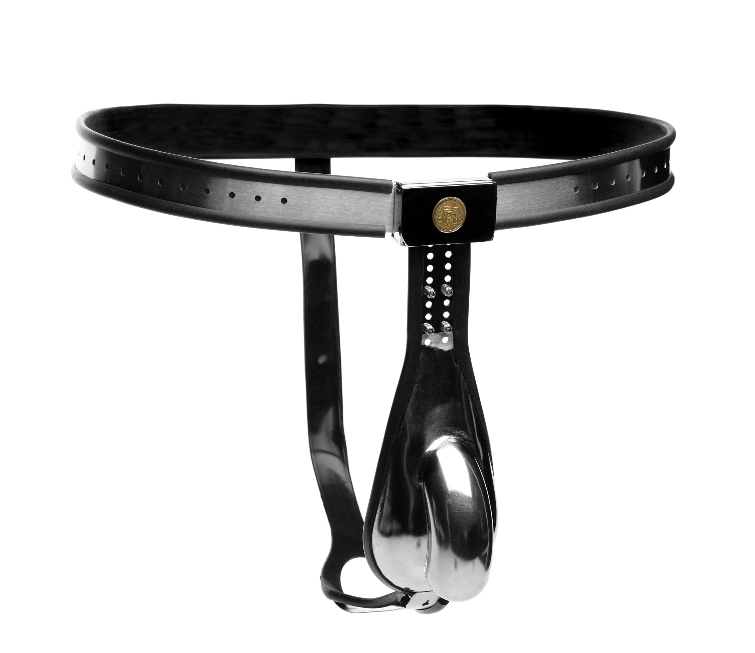 Stainless Steel Cock Entrapment Belt with adjustable straps and rubber trim for comfort.