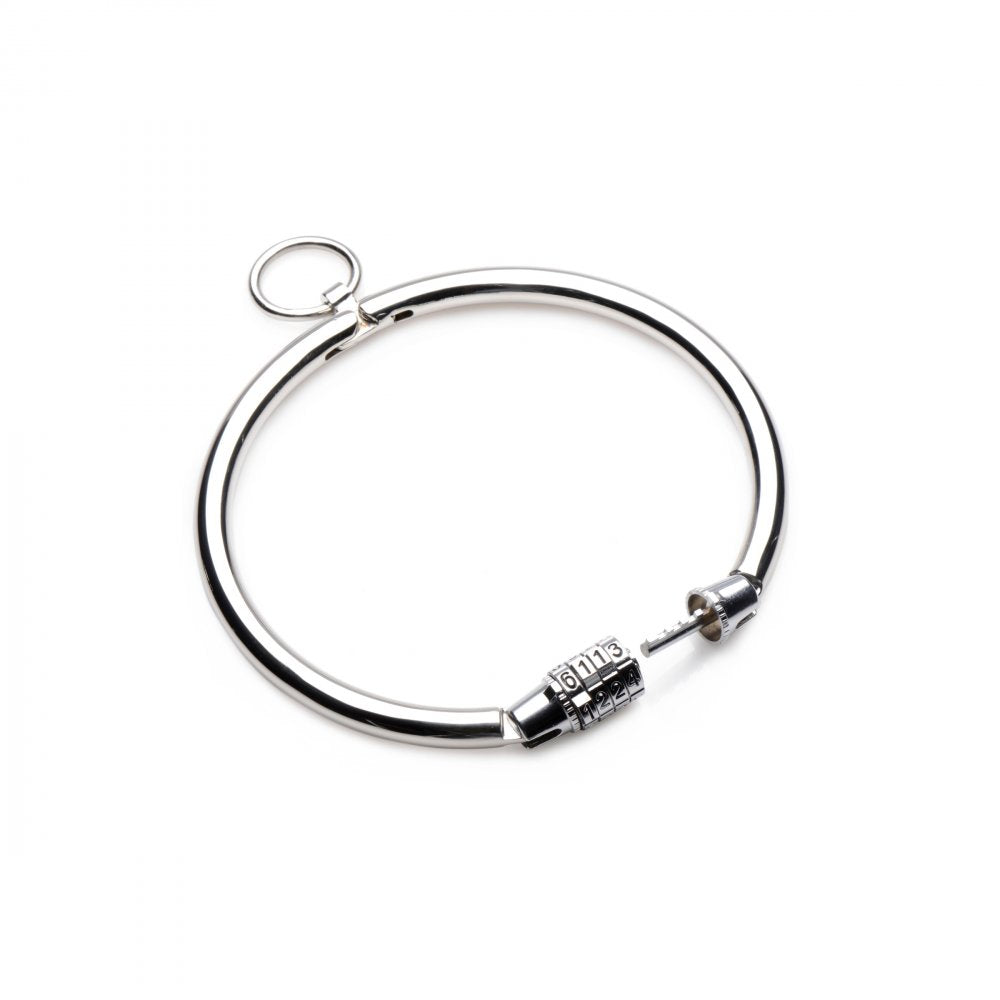 A stainless steel combination lock slave collar with smooth edges and an O-ring for attachments, symbolizing submission in BDSM.